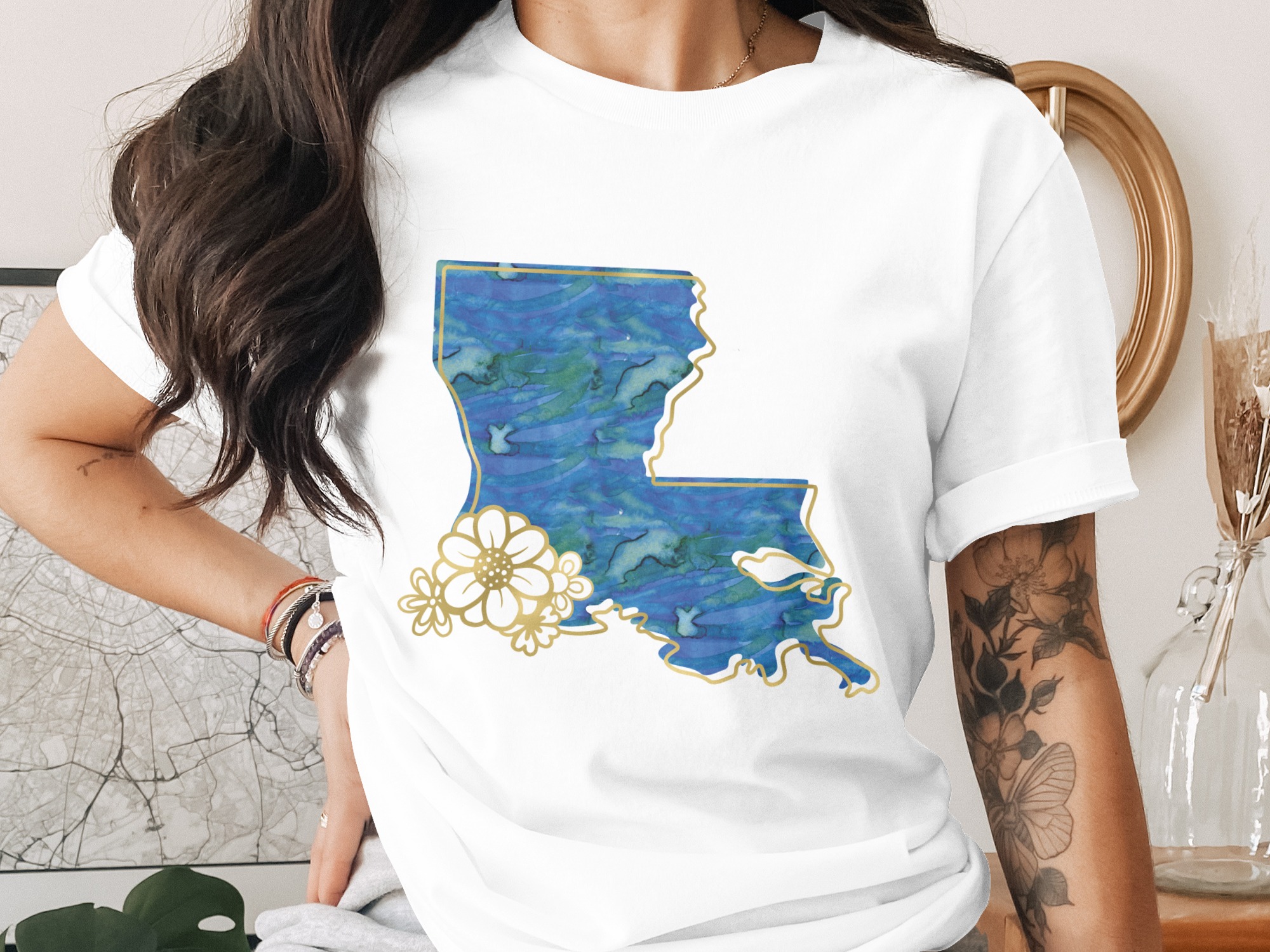 Louisiana T-Shirt, Watercolor State Outline Tee with Faux Gold Floral Details, Bayou Chic LA Pride Gift for Her