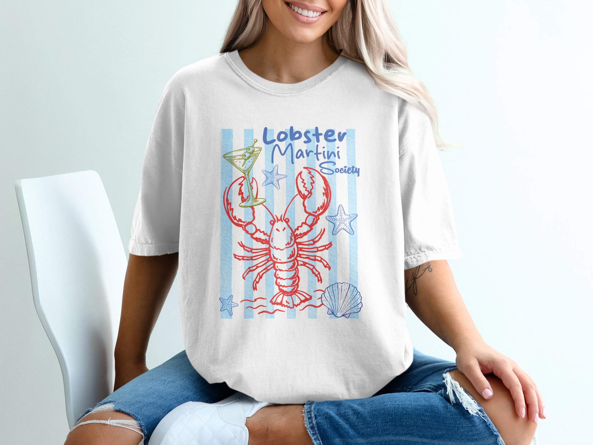 Lobster Martini Society T-Shirt, Coastal Ocean Beach Martini Lover Shirt, Preppy Nautical Summer Vacation Tee, Seafood Cocktail Party Gift - Image 6