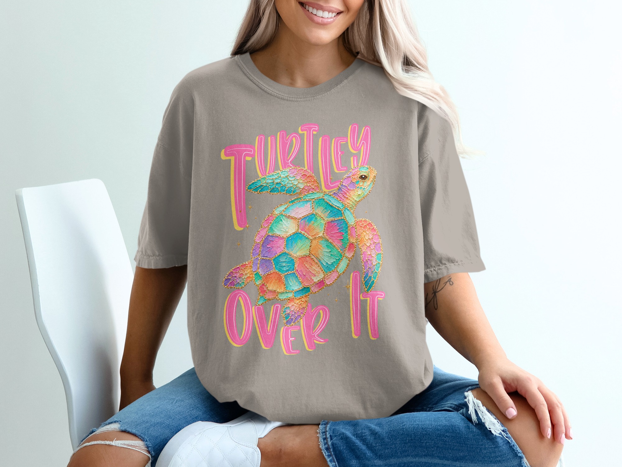Turtley Over It T-Shirt, Faux Glitter Sea Turtle Tee, Sarcastic Beach Shirt, Colorful Ocean Lover Gift, Summer Vacation Top - Image 11