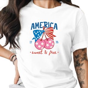 America Sweet & Free T-Shirt, Patriotic Cherry Bow Tee, Fourth of July Vintage Style Shirt, USA Flag Summer Graphic Tee Gift for Her
