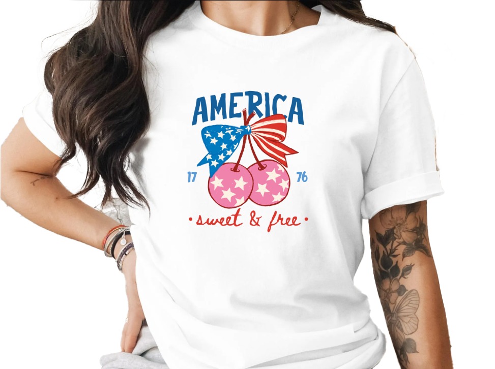 America Sweet & Free T-Shirt, Patriotic Cherry Bow Tee, Fourth of July Vintage Style Shirt, USA Flag Summer Graphic Tee Gift for Her