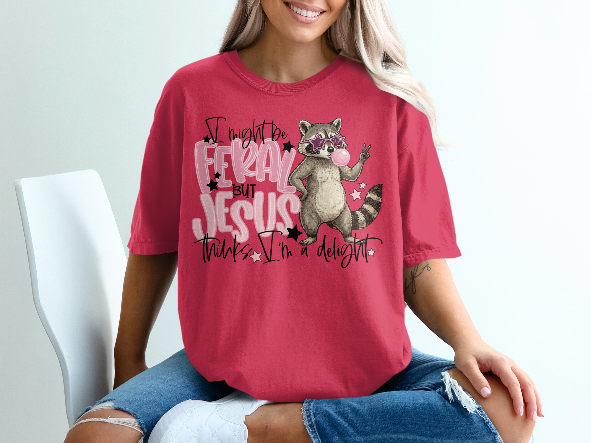 Feral Jesus Delight T-Shirt, Raccoon Graphic Tee, Funny Christian Shirt, Sarcastic Faith Top, Wild Girl Gift, Cute Animal Lover Tee, Quirky - Image 14