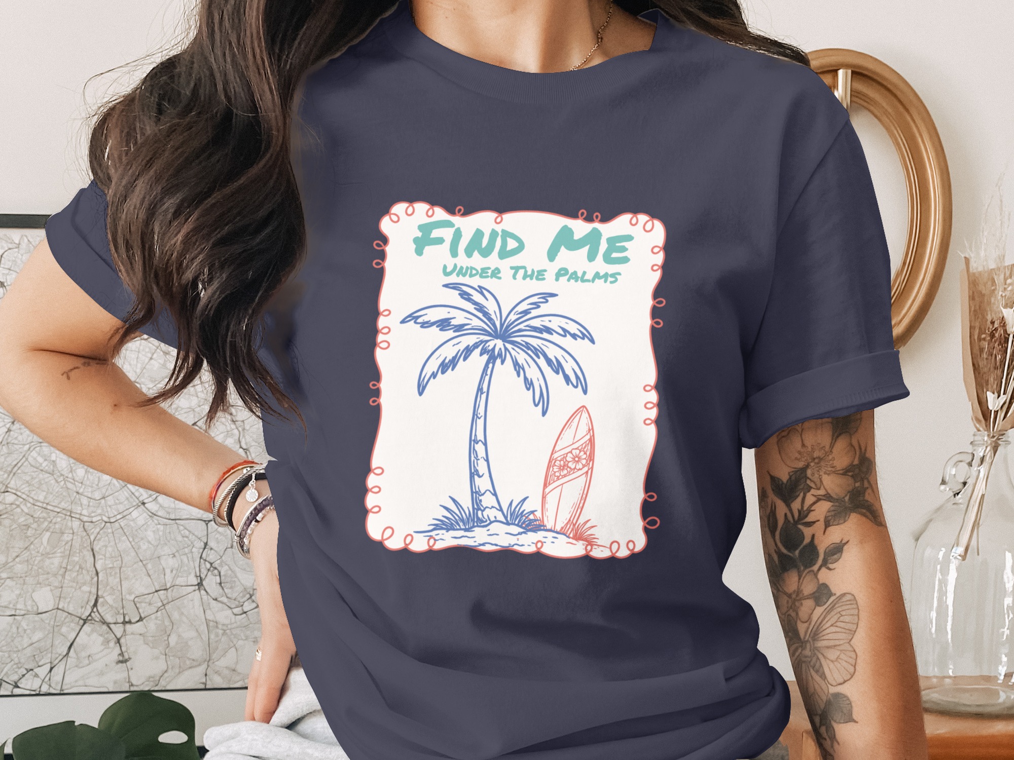 Find Me Under The Palms T-Shirt | Beachy Vacation Tee, Coastal Palm Tree Surfboard Shirt, Summer Travel Gift for Her, Relaxed Beach Vibe Top - Image 2