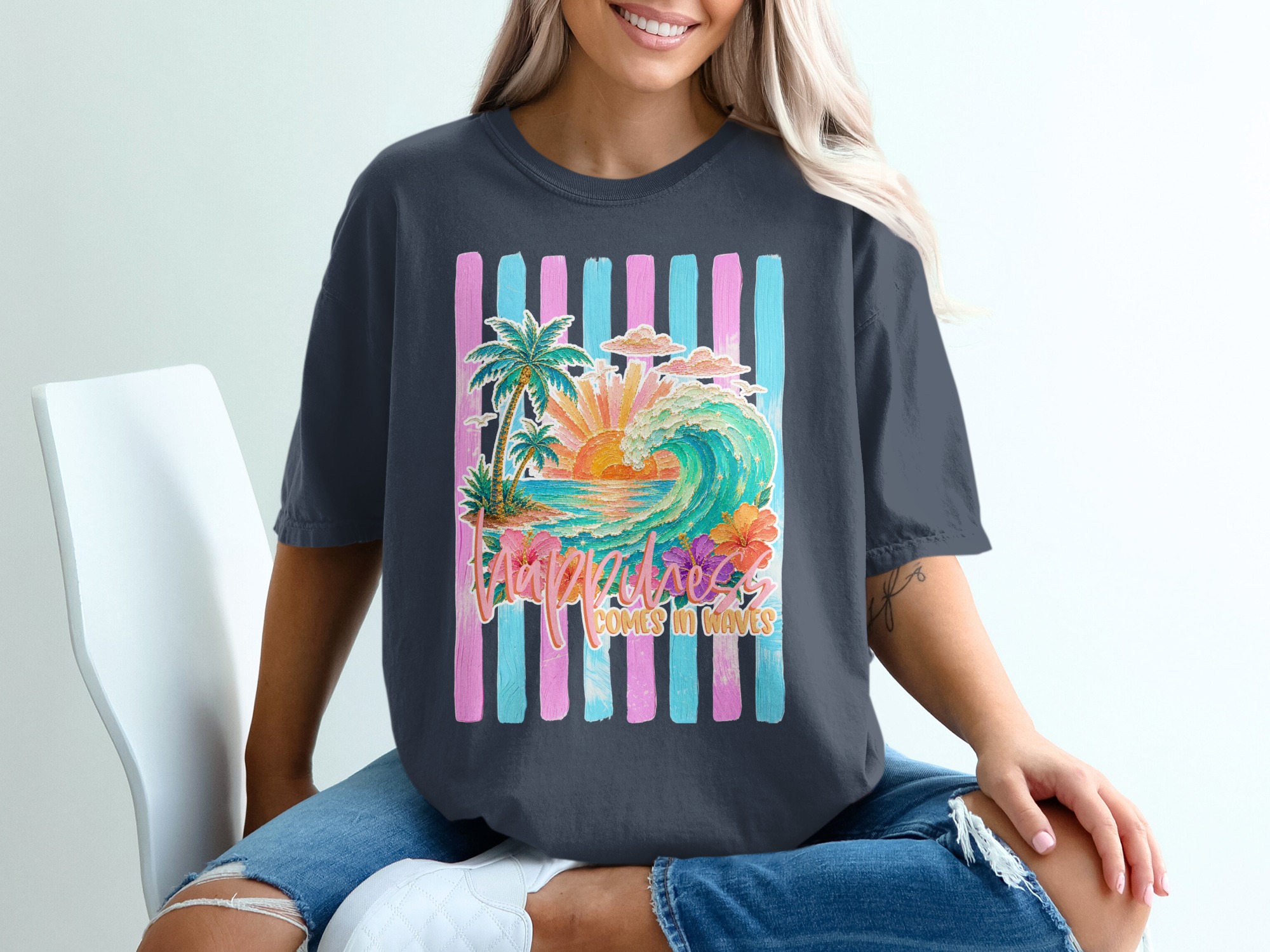Comfort Colors ® Happiness Comes in Waves T-Shirt, Tropical Sunset Beach Wave Graphic Tee, Vacation Shirt, Ocean Lover Gift for Her, Summer - Image 12