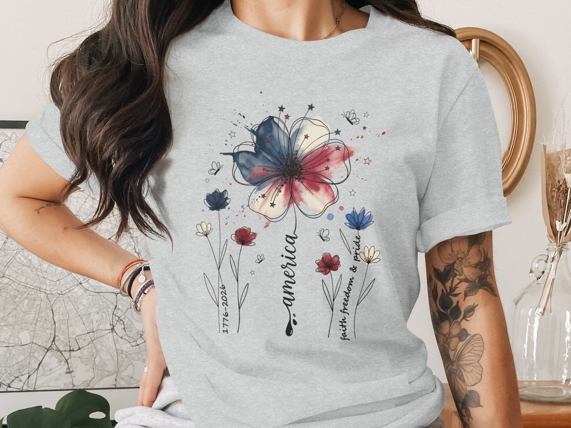 Patriotic Floral America Watercolor T-Shirt | Faith Freedom Pride Shirt | 4th of July Independence Day Tee | American Flag Flower - Image 2