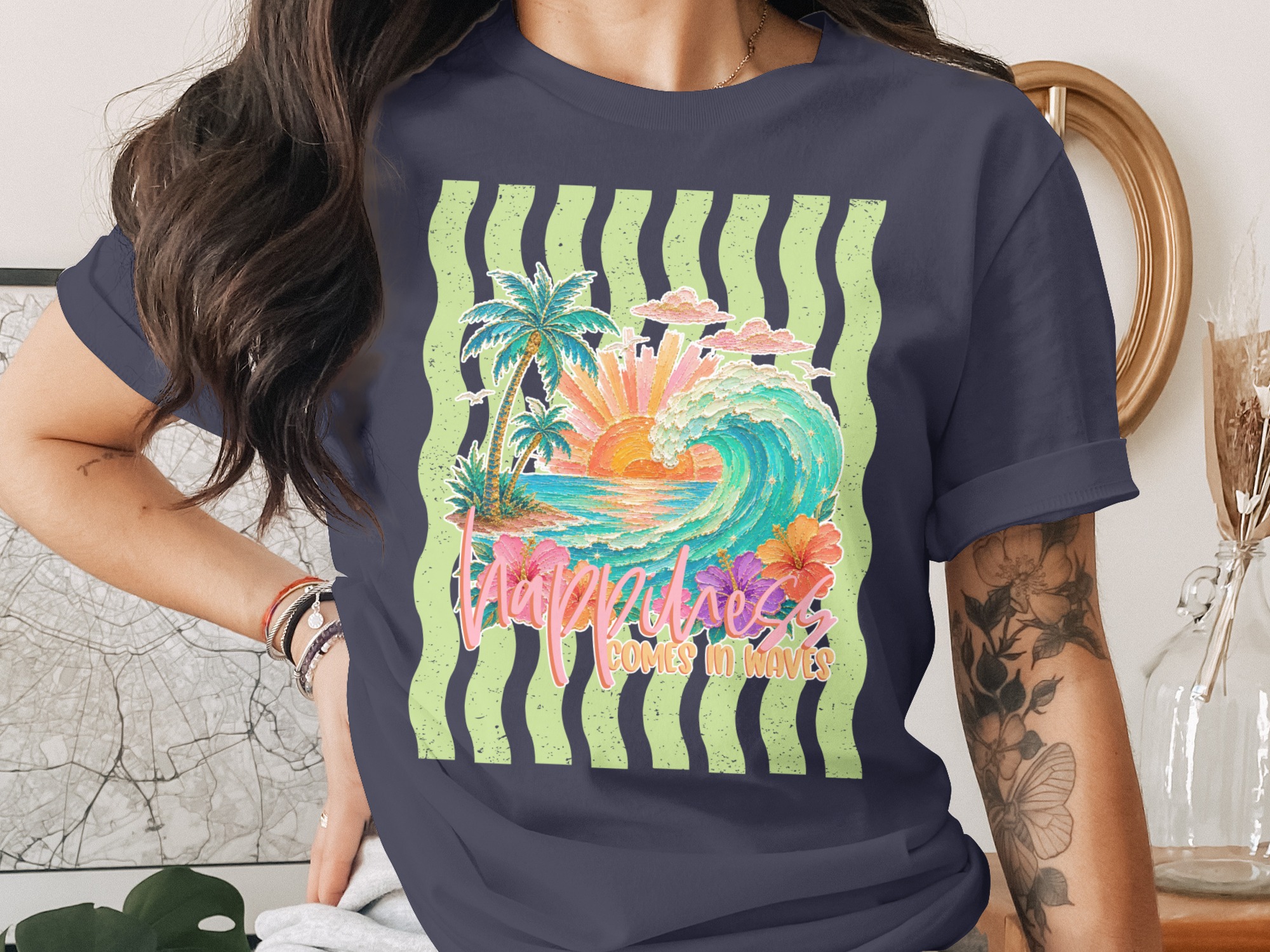 Comfort Colors® Happiness Comes In Waves T-Shirt, Coastal Beach Tee, Tropical Sunset Wave, Summer Vacation Shirt, Surfer Gift For Her - Image 3