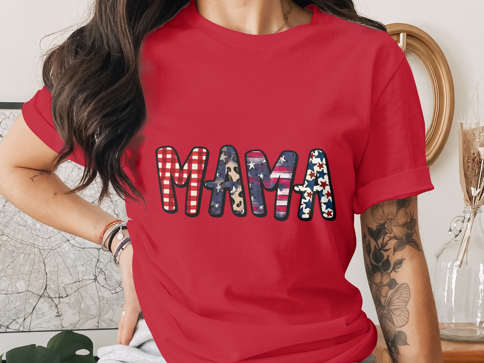 Patriotic Mama T-Shirt, American Flag Gingham Leopard Print Mom Life Tee, Distressed USA Stars Fourth of July Gift - Image 4