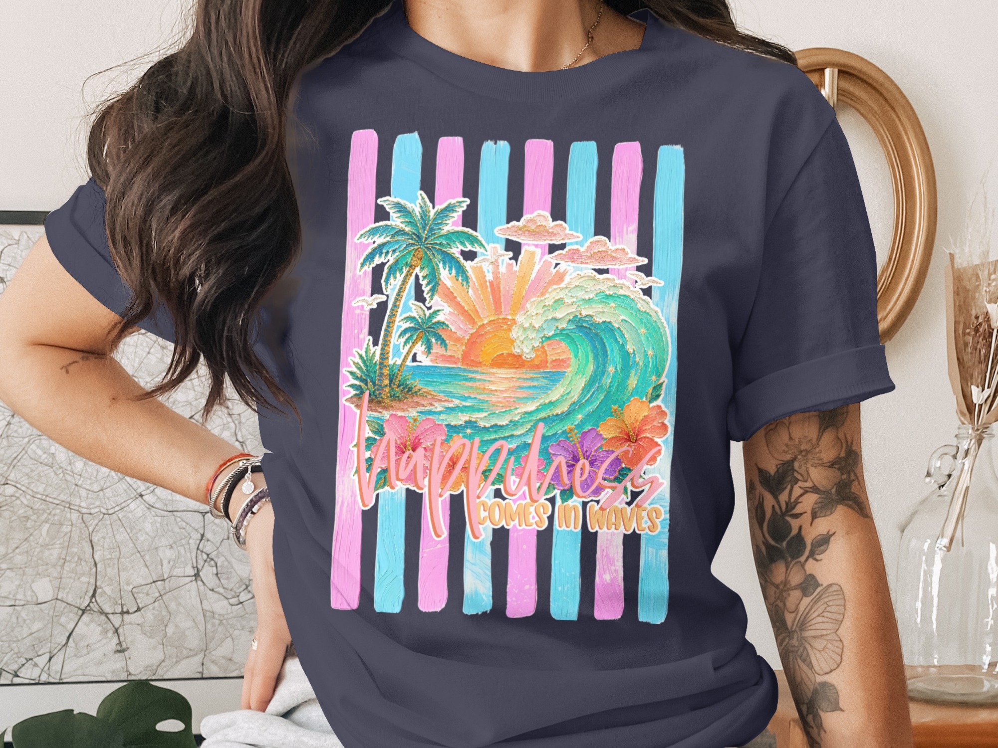 Comfort Colors ® Happiness Comes in Waves T-Shirt, Tropical Sunset Beach Wave Graphic Tee, Vacation Shirt, Ocean Lover Gift for Her, Summer - Image 3
