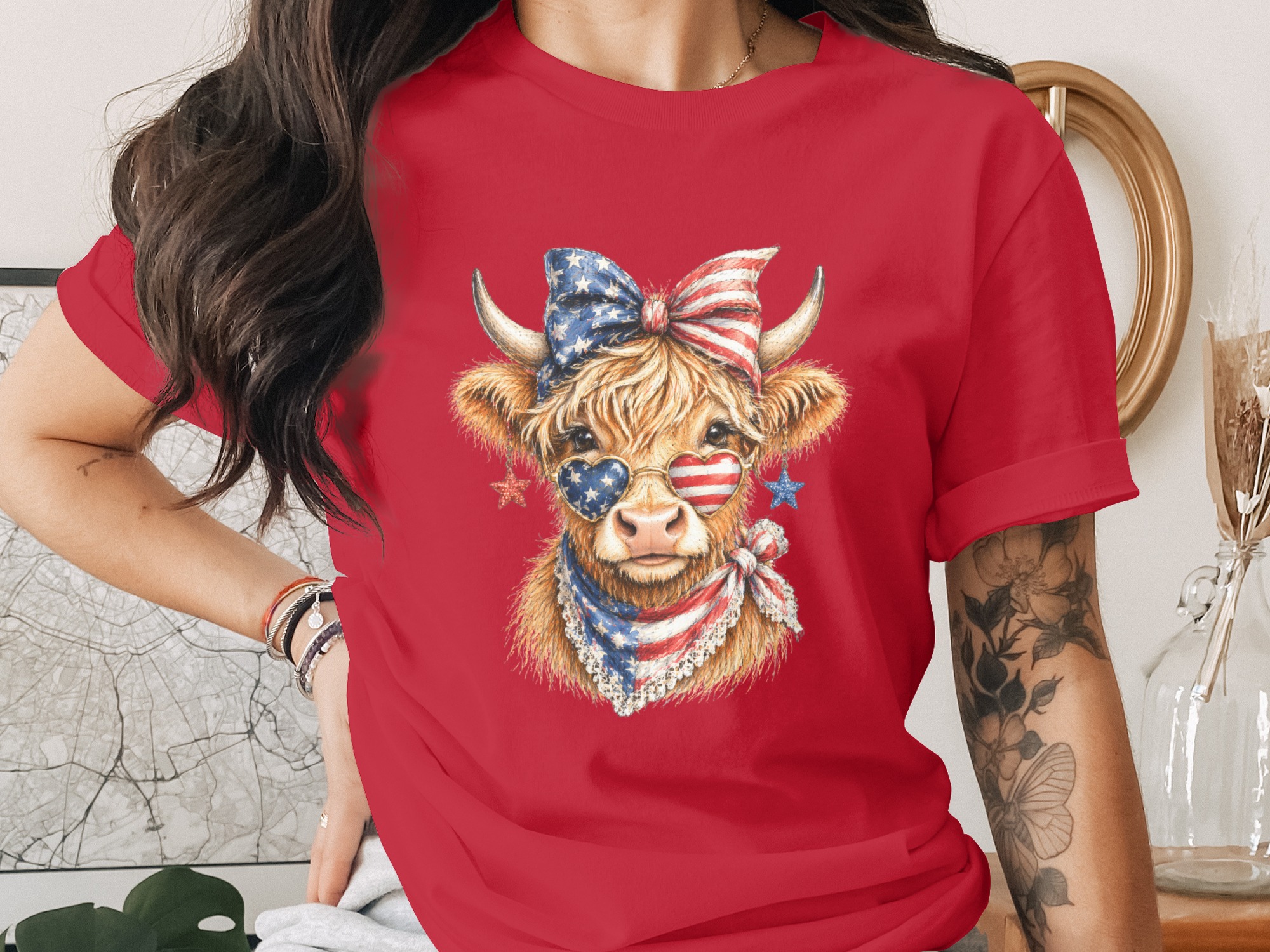 Patriotic Highland Cow American Flag T-Shirt - Image 2