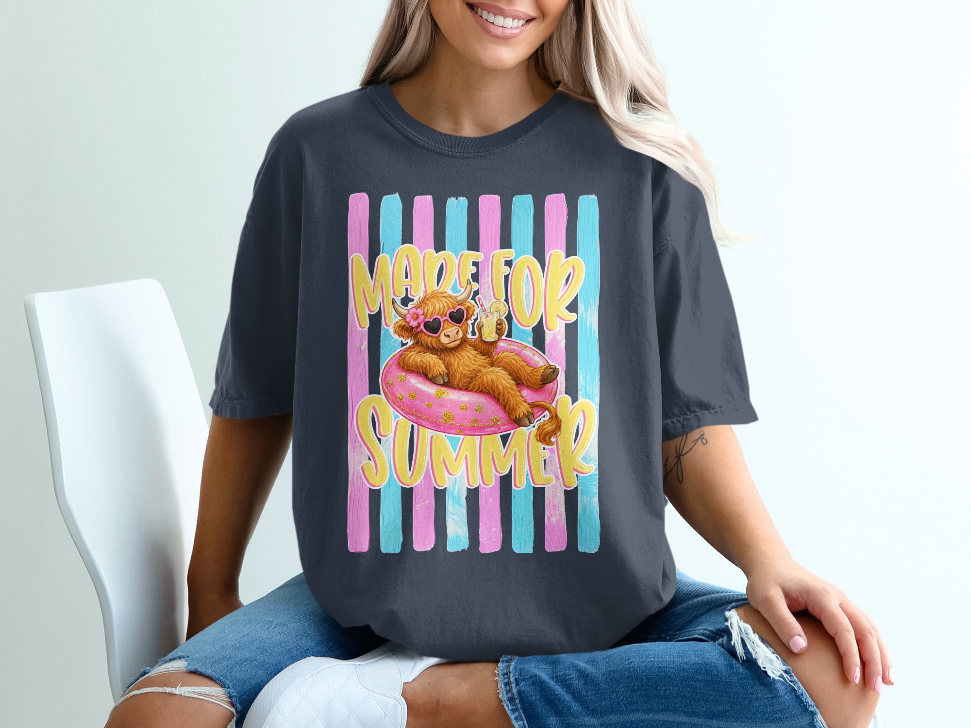 Comfort Colors ® Made For Summer Highland Cow T-Shirt, Vacation Mode Cute Cow Shirt, Beachy Pink Glitter Highland Cattle Tee, Funny Animal - Image 12