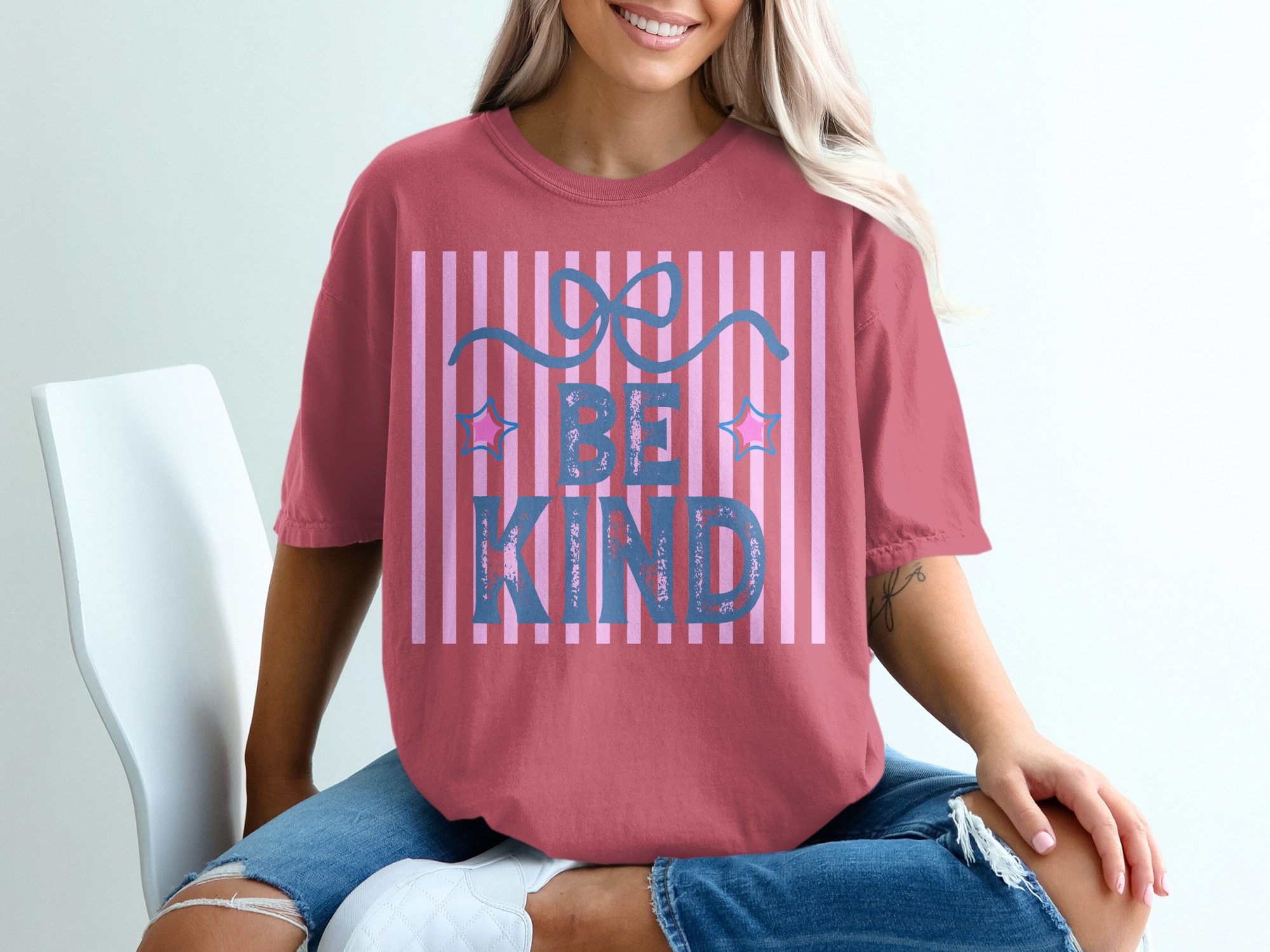 Be Kind T-Shirt, Distressed Kindness Shirt, Positive Message Aesthetic Tee, Pastel Stripes Graphic Top, Cute Encouragement Gift for Her - Image 15