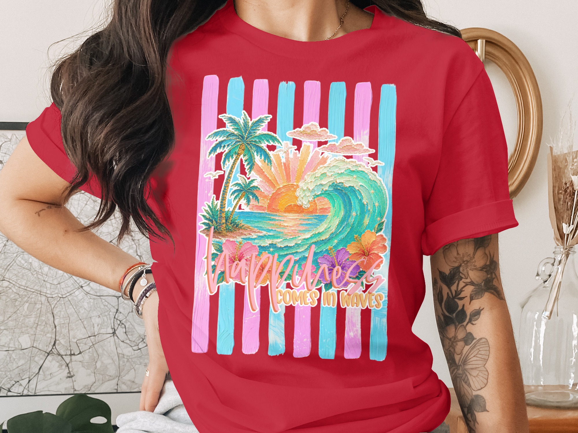 Comfort Colors ® Happiness Comes in Waves T-Shirt, Tropical Sunset Beach Wave Graphic Tee, Vacation Shirt, Ocean Lover Gift for Her, Summer - Image 4