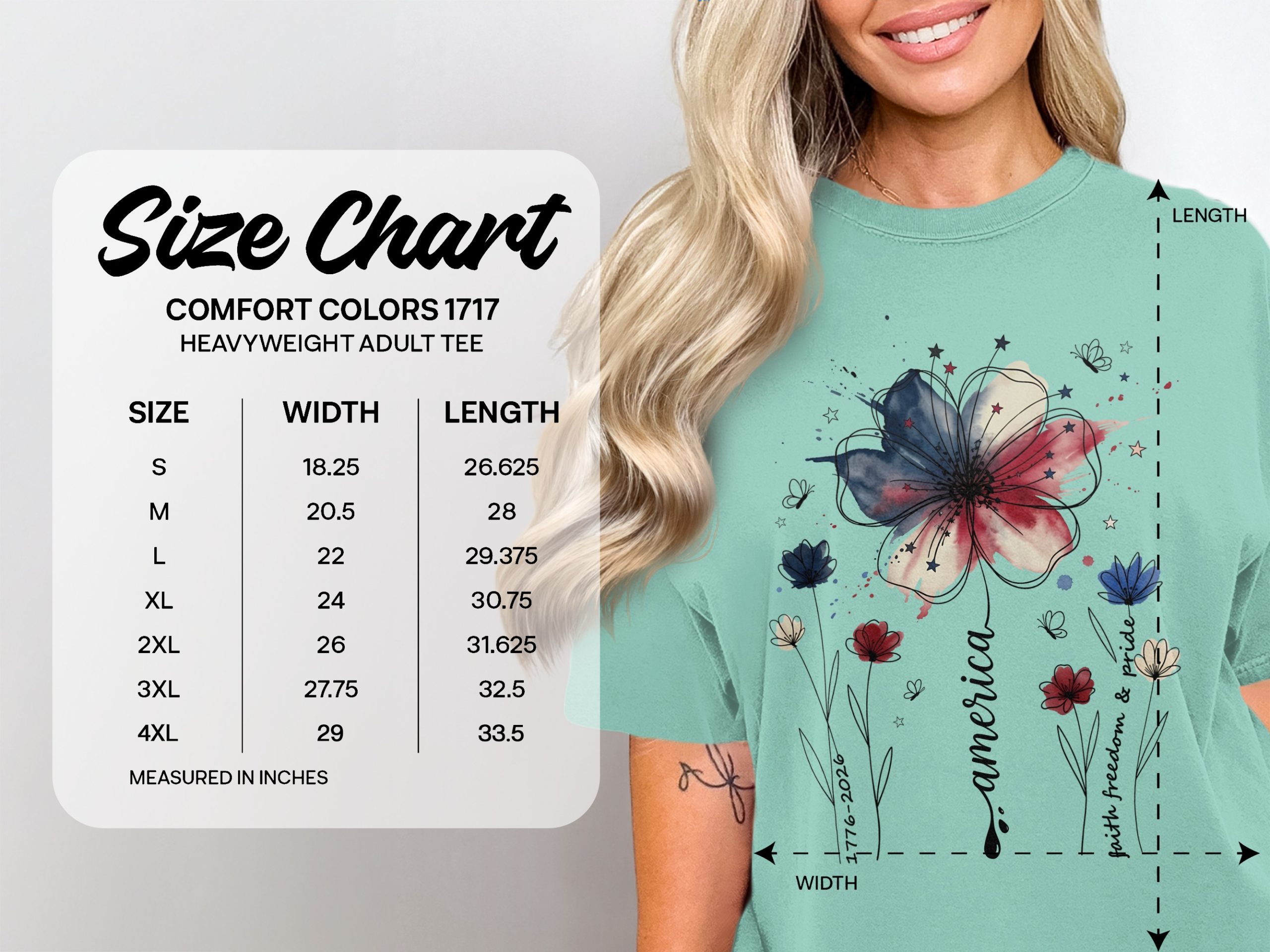 Patriotic Floral America Watercolor T-Shirt | Faith Freedom Pride Shirt | 4th of July Independence Day Tee | American Flag Flower - Image 6