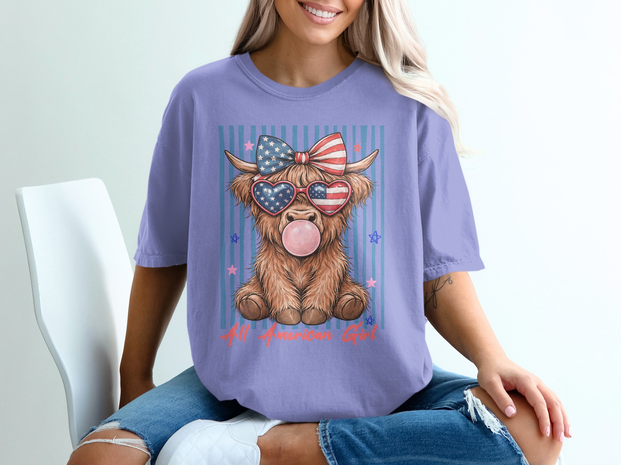 Comfort Colors® Highland Cow T-Shirt, All American Girl Patriotic Summer Tee, Cute 4th of July Western Cowgirl Gift for Her. - Image 18