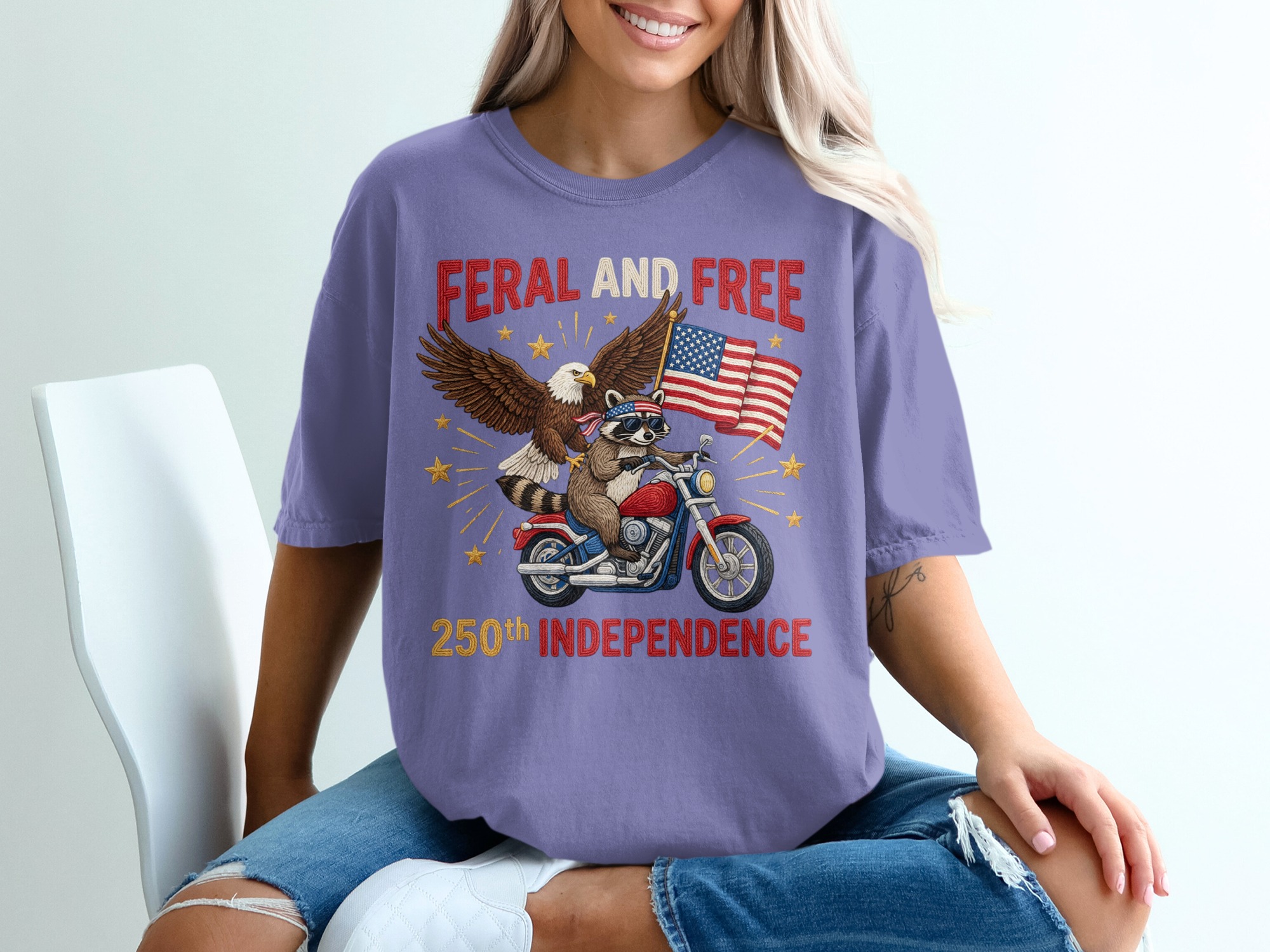 Feral and Free 250th Independence Day T-Shirt, Patriotic Raccoon Eagle Motorcycle Tee, American Flag Biker Freedom Shirt, July 4th Gift - Image 13