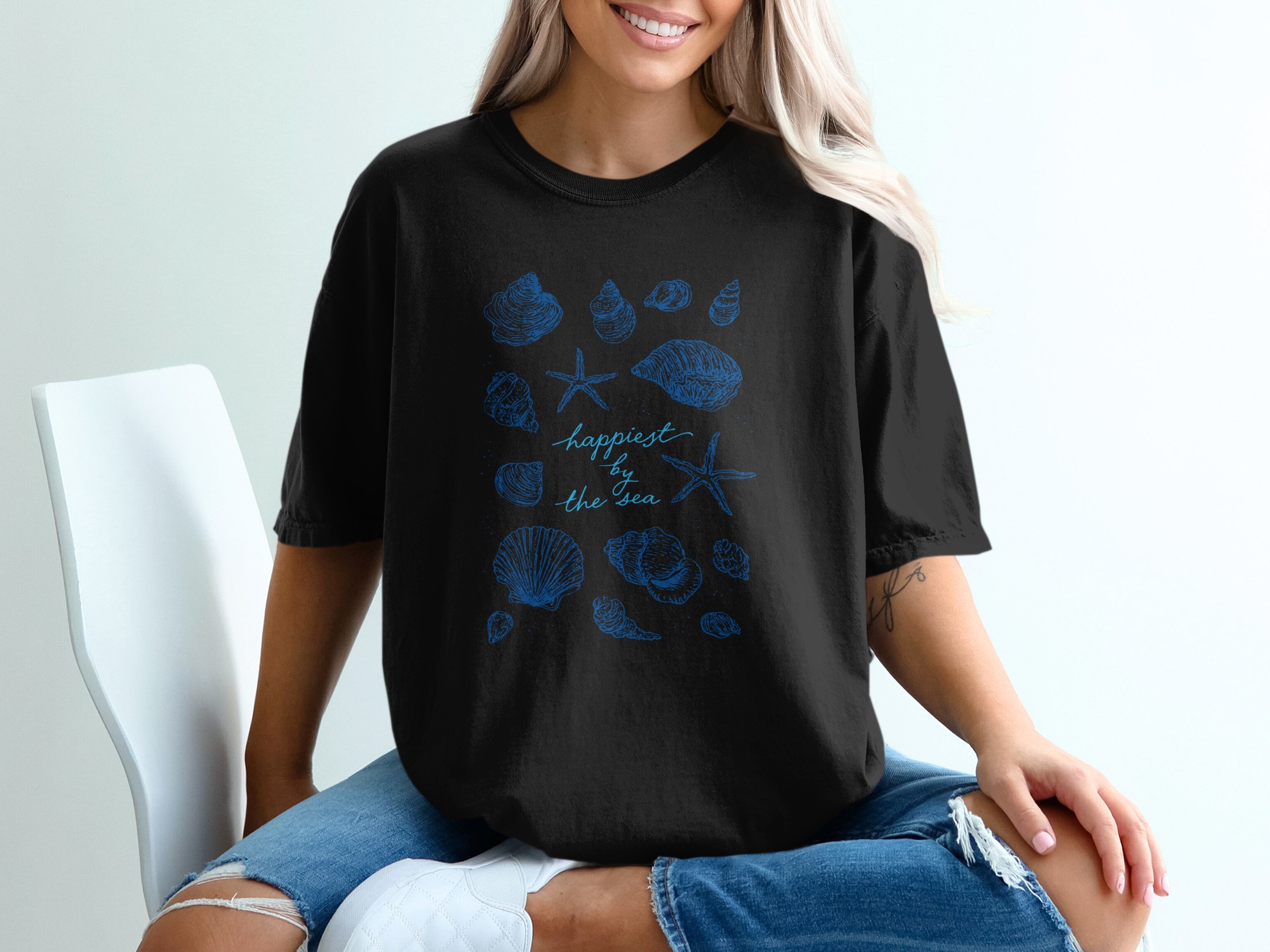 Happiest By The Sea Seashell T-Shirt, Comfort Colors Beach Lover Tee, Ocean Life Starfish Vacation Shirt, Coastal Gift for Her - Image 2