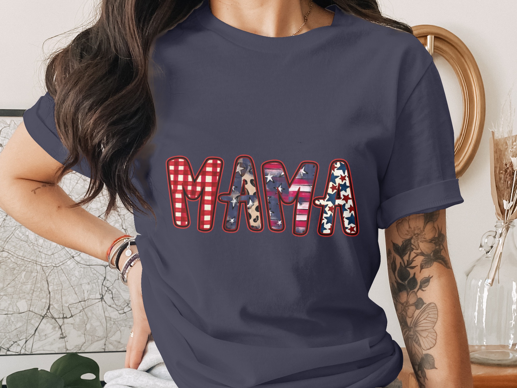 Patriotic Mama T-Shirt, Western Mama Shirt with Leopard Print, Buffalo Plaid Mama Gift, American Flag Star Mom Tee for Mother's Day - Image 3