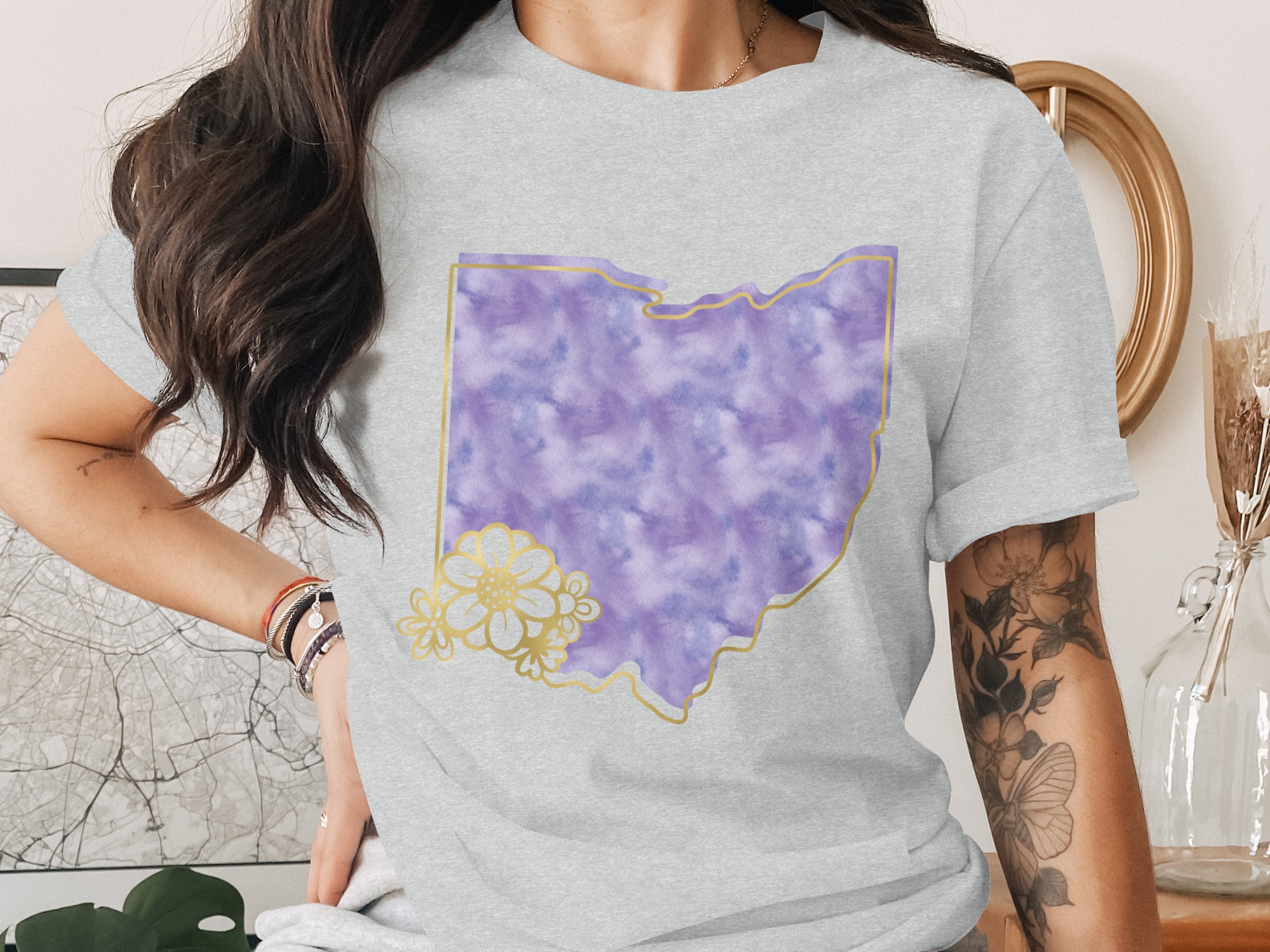 Ohio State T-Shirt, Purple Watercolor Ohio Map with Faux Gold Floral Design, Ohio Native Lover Tee, Ohio Gift for Her - Image 2