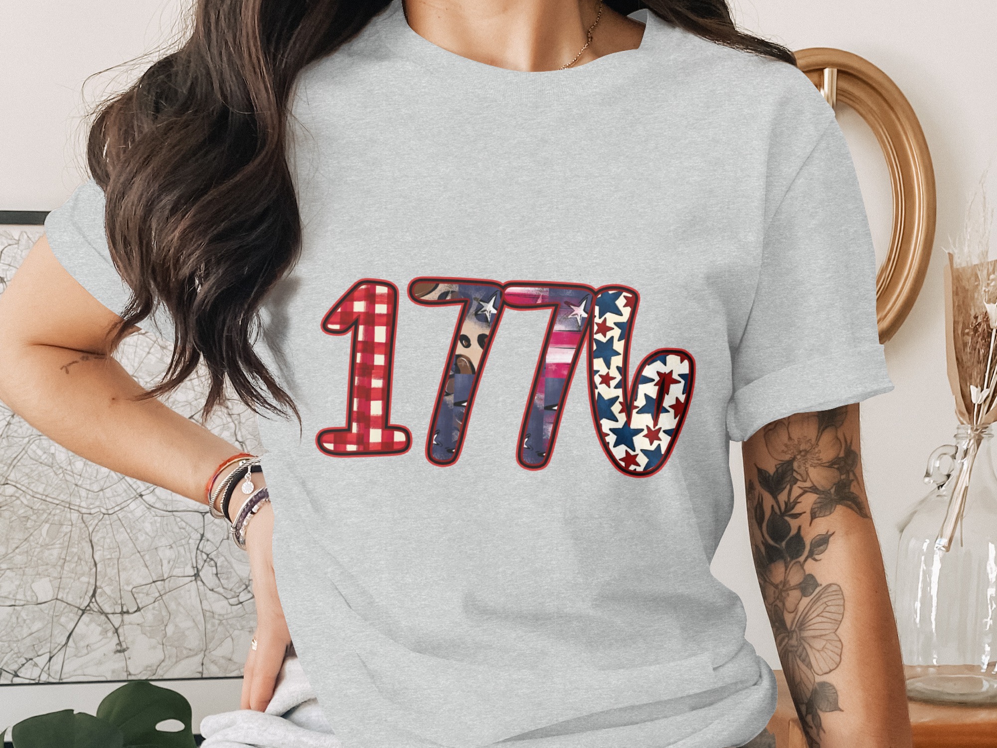 1776 Patriotic T-Shirt, Fourth of July America Tee, Distressed Americana Design, Independence Day Buffalo Plaid Leopard Print - Image 2