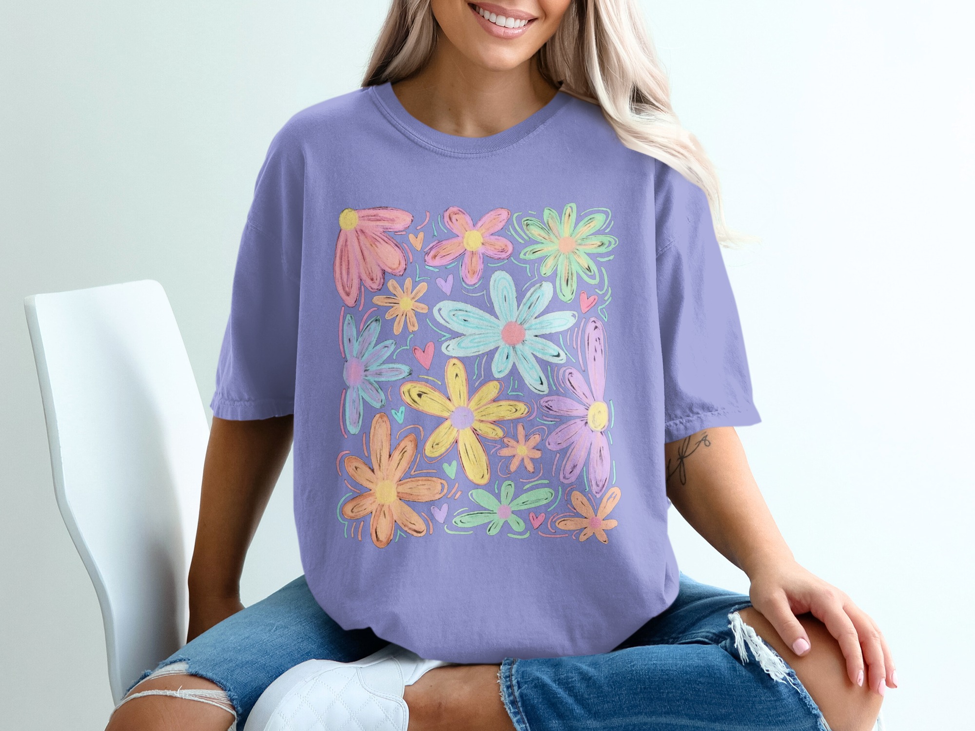Comfort Colors® Pastel Floral T-Shirt, Whimsical Doodle Flower Tee, Soft Aesthetic Spring Summer Shirt, Happy Boho Gift for Her - Image 18