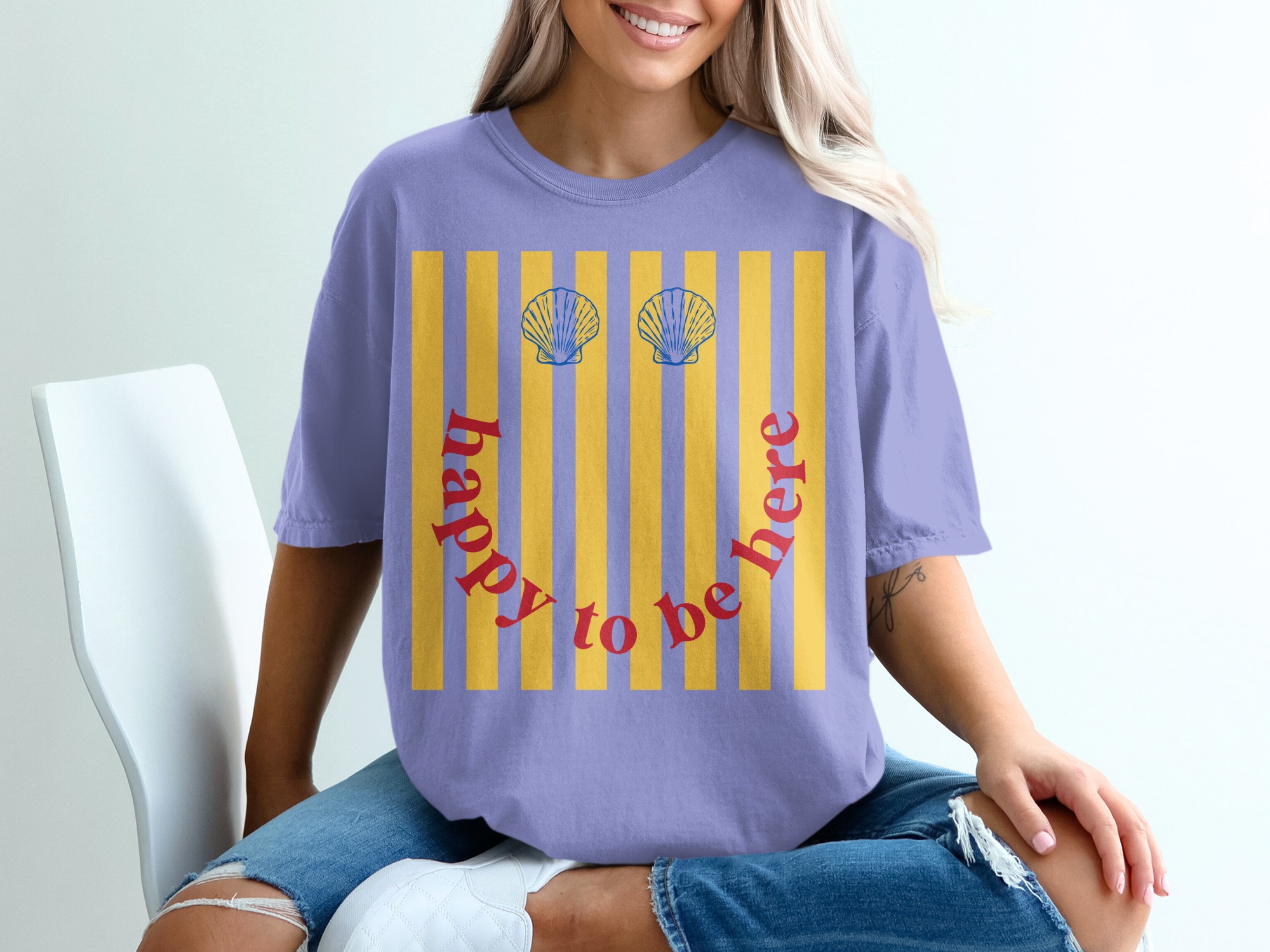 Happy To Be Here T-Shirt, Retro Smiley Face Beach Tee, Seashell Stripe Summer Vacation Shirt, Positive Vibes Graphic Top - Image 18