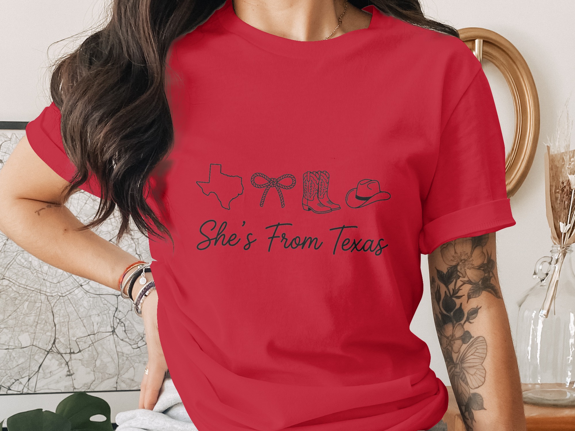 She's From Texas T-Shirt, Texas Outline Cowgirl Boots Hat Rope Bow Western Tee, Southern Pride Gift for Her, Country Girl Shirt - Image 4