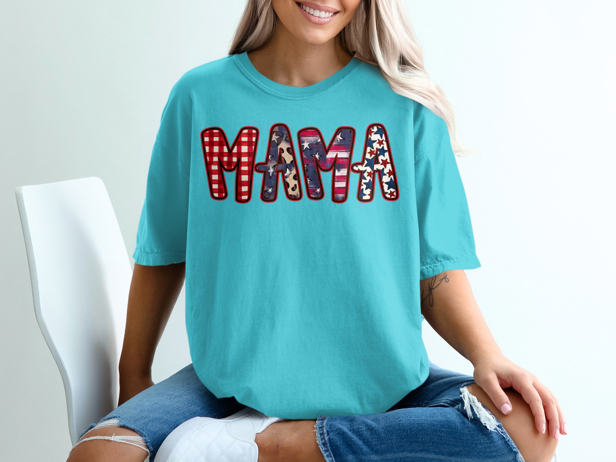 Patriotic Mama T-Shirt, Western Mama Shirt with Leopard Print, Buffalo Plaid Mama Gift, American Flag Star Mom Tee for Mother's Day - Image 9