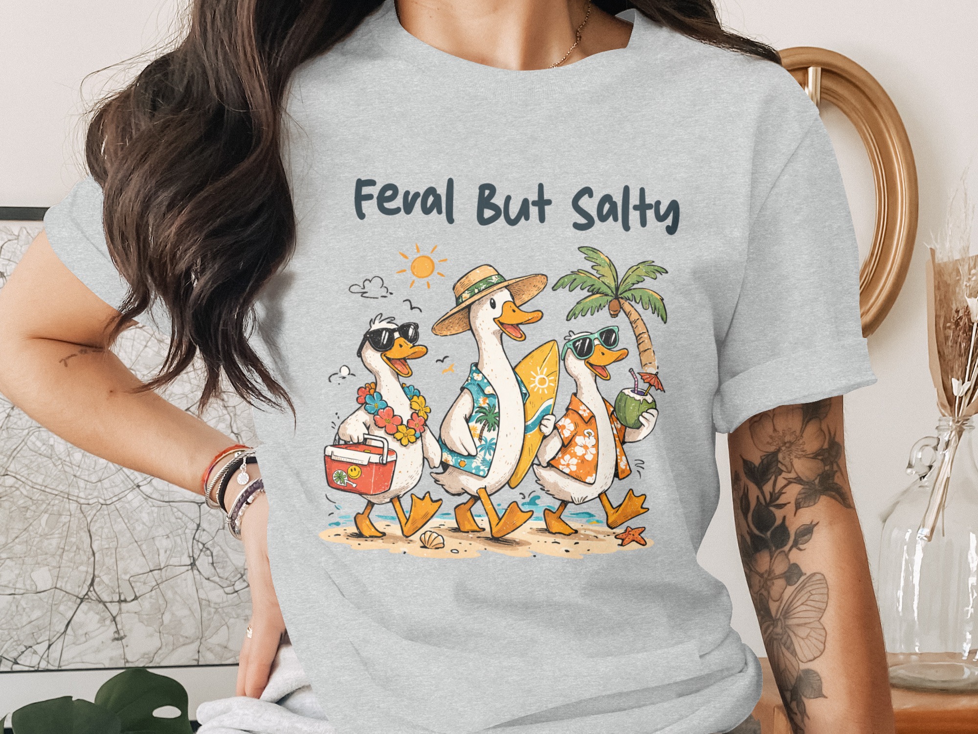 Feral But Salty Ducks Beach Vacation T-Shirt, Funny Summer Tropical Tee, Humorous Hawaiian Surf Coastal Party Shirt, Beach Bum Gift Idea - Image 2