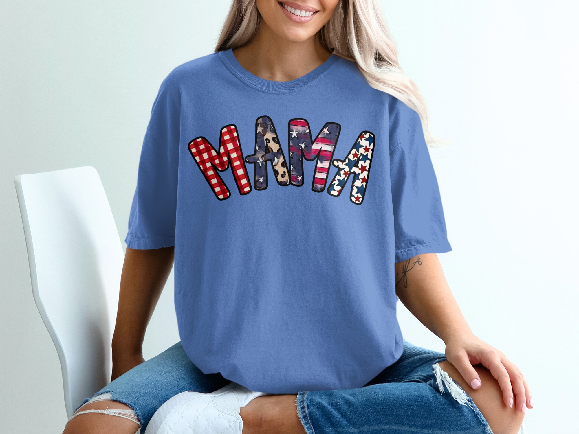 Patriotic Mama T-Shirt, Distressed American Flag Gingham Leopard Stars Graphic Tee, Mama Bear Gift, Fourth of July Outfit - Image 20