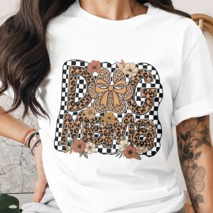 Trendy Dog Mama Leopard Print T-Shirt, Boho Checkered Floral Pet Mom Tee, Animal Lover Gift, Cute Dog Owner Apparel