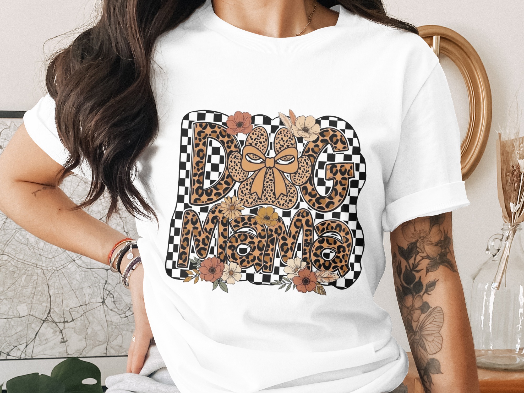 Trendy Dog Mama Leopard Print T-Shirt, Boho Checkered Floral Pet Mom Tee, Animal Lover Gift, Cute Dog Owner Apparel