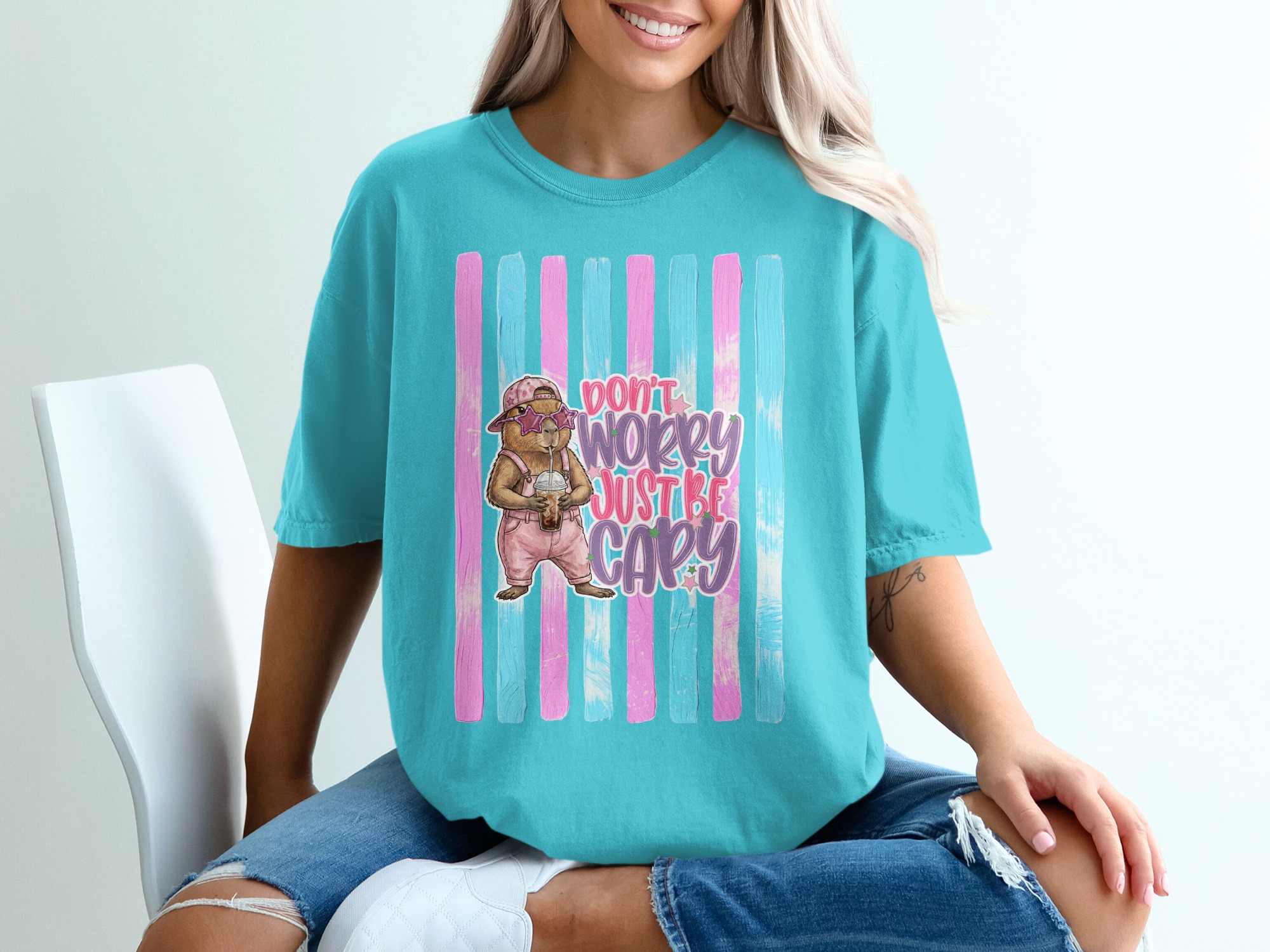 Comfort Colors ® Capybara T-Shirt, 'Don't Worry Just Be Capy' Cute Animal Lover Tee, Iced Coffee Capybara Shirt, Whimsical Pastel Gift Idea - Image 9