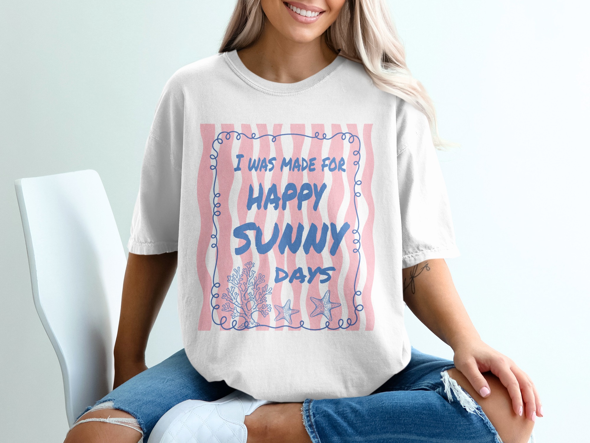 Happy Sunny Days Beachy T-Shirt, Coastal Summer Vacation Tee, Starfish Coral Ocean Lover Graphic Shirt, Women's Fun Gift - Image 6
