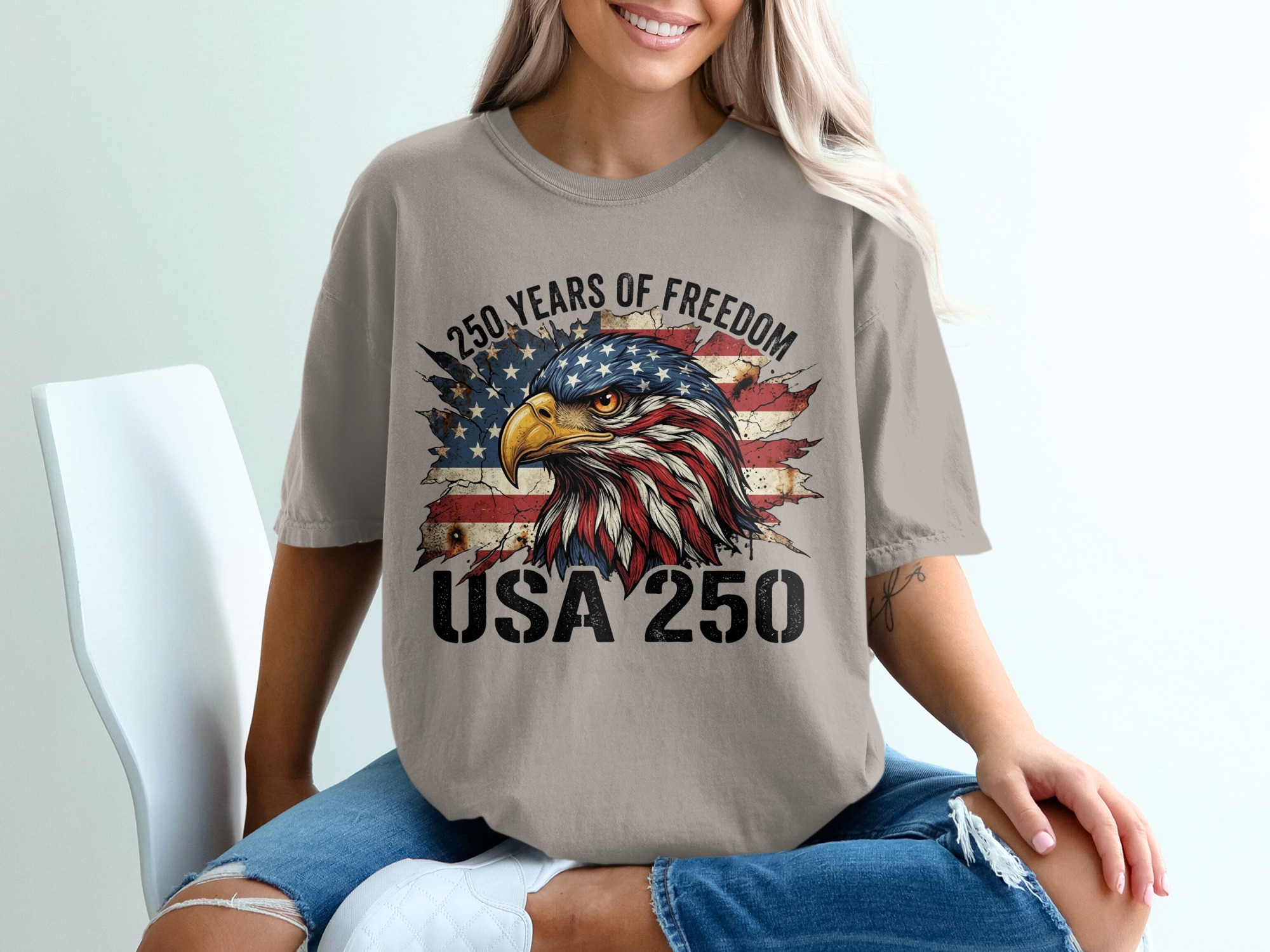 Patriotic American Eagle T-Shirt, USA 250 Years of Freedom Flag Tee, Distressed Heritage Commemorative Independence Day Shirt - Image 11