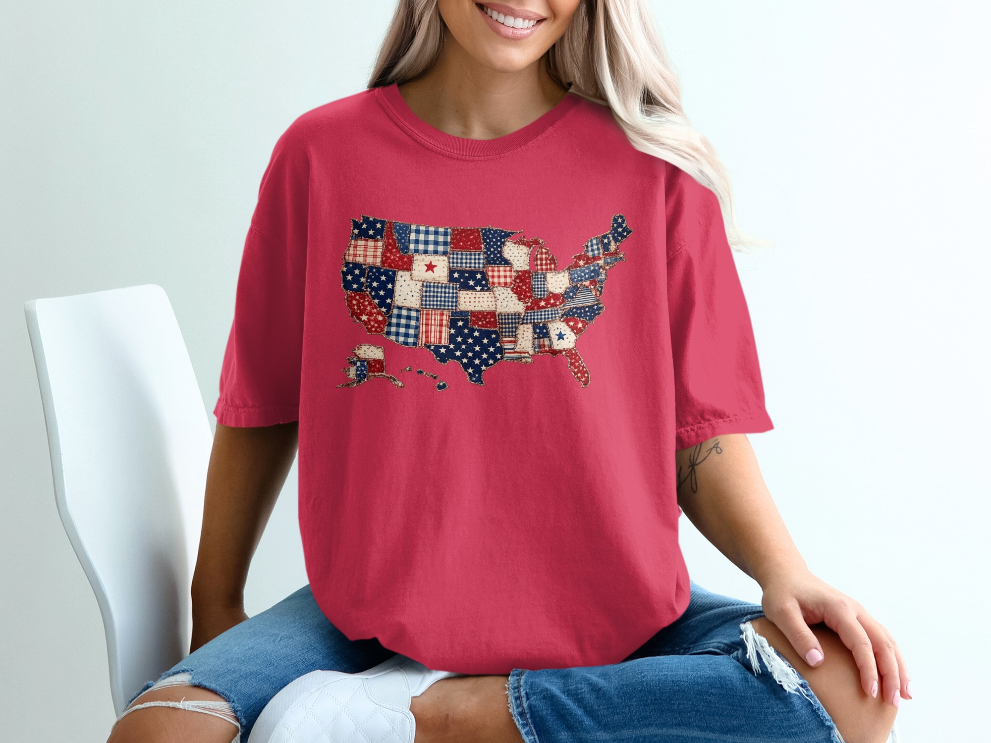 Patriotic USA Map T-Shirt, Americana Quilt Print Tee, Distressed American Flag Shirt, 4th of July Outfit, Veteran Gift Idea - Image 14