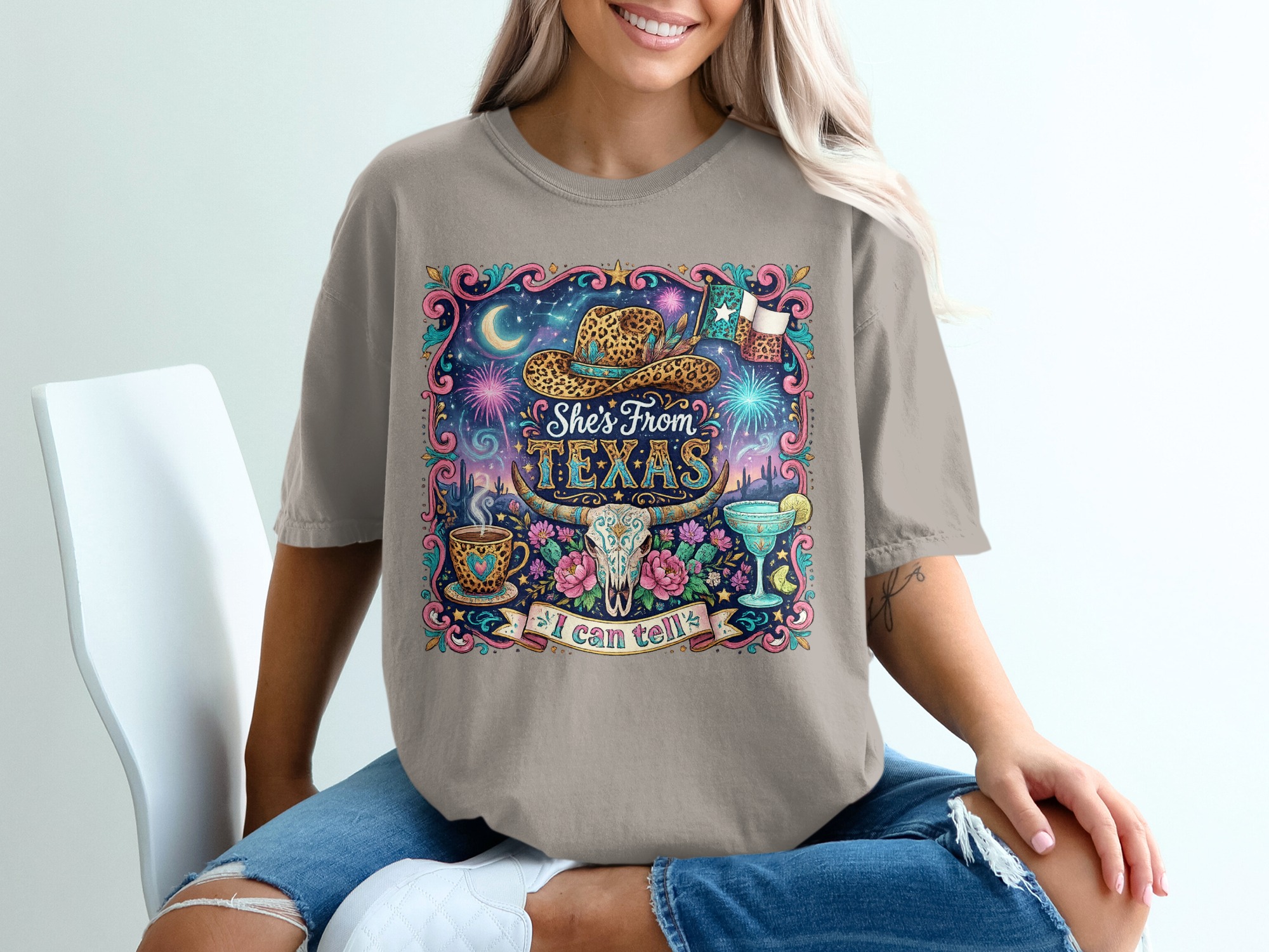 She's From Texas T-Shirt, Western Boho Cowgirl Tee, Texas Pride Gift for Her, Leopard Print Cowboy Hat Longhorn Skull Desert Shirt - Image 11