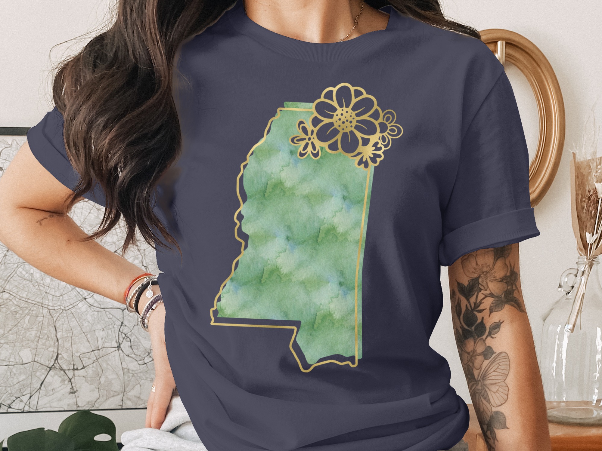 Mississippi State Flower T-Shirt, Faux Gold Print Mississippi Tee, Watercolor Mississippi Shirt, Southern Charm Apparel Gift - Image 3