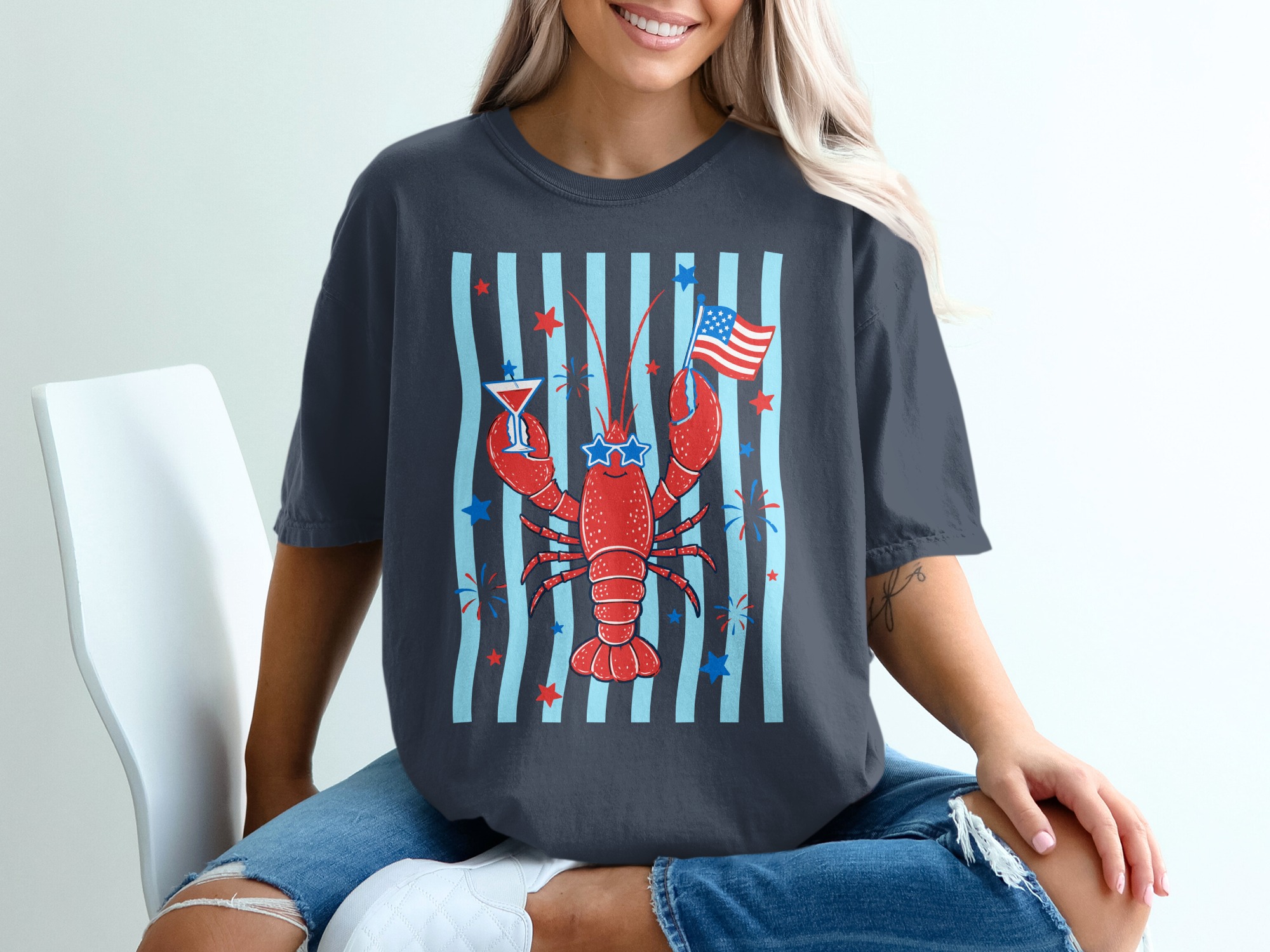 Comfort Colors® Patriotic Lobster T-Shirt, Funny 4th of July Tee, Summer Coastal Vacation Shirt, USA Flag Lobster Party Top - Image 12
