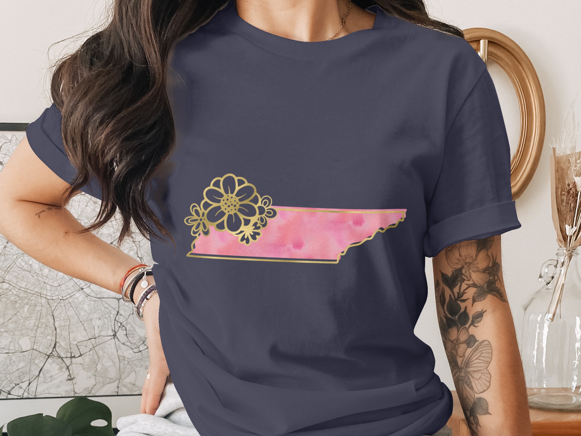 Tennessee Floral T-Shirt | Watercolor State Outline Tee with Faux Gold Print | Pink Southern Pride Shirt | Nashville Lover Gift for Her - Image 3