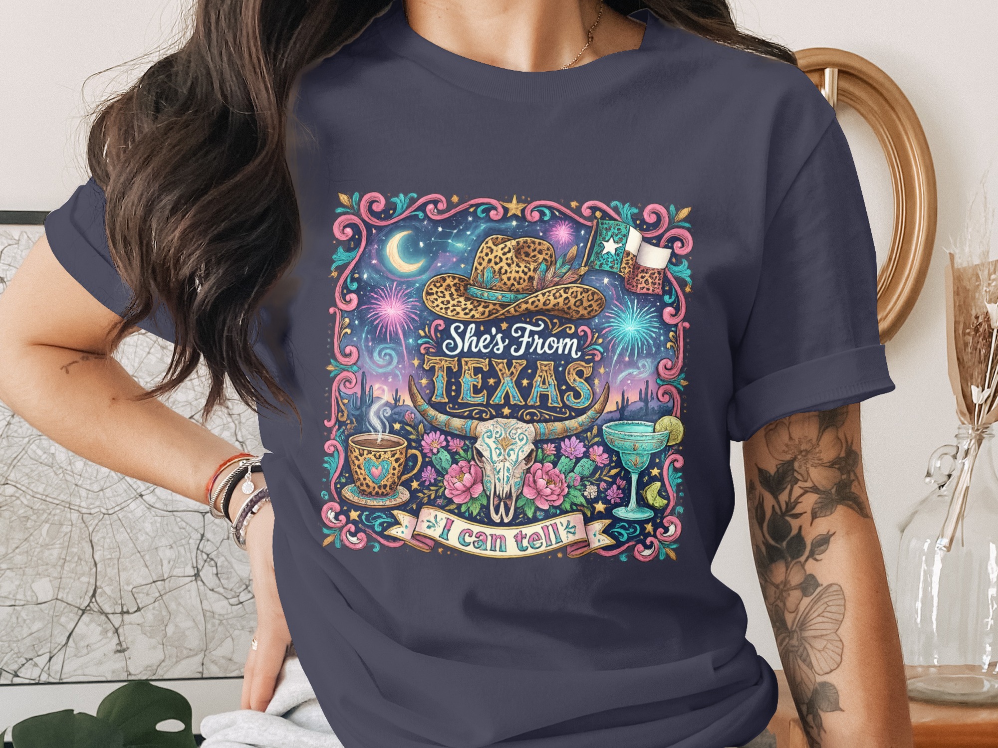 She's From Texas T-Shirt, Western Boho Cowgirl Tee, Texas Pride Gift for Her, Leopard Print Cowboy Hat Longhorn Skull Desert Shirt - Image 3