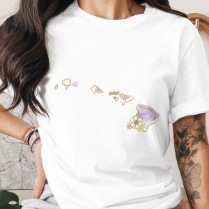 Hawaii Map T-Shirt, Faux Gold Hawaiian Island Tee, Watercolor Boho Beach Shirt, Tropical Vacation Gift