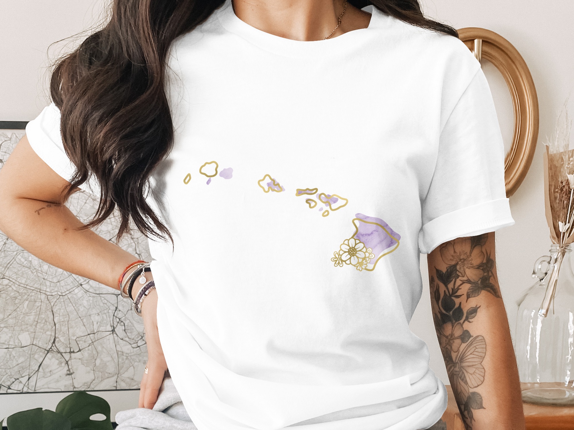 Hawaii Map T-Shirt, Faux Gold Hawaiian Island Tee, Watercolor Boho Beach Shirt, Tropical Vacation Gift