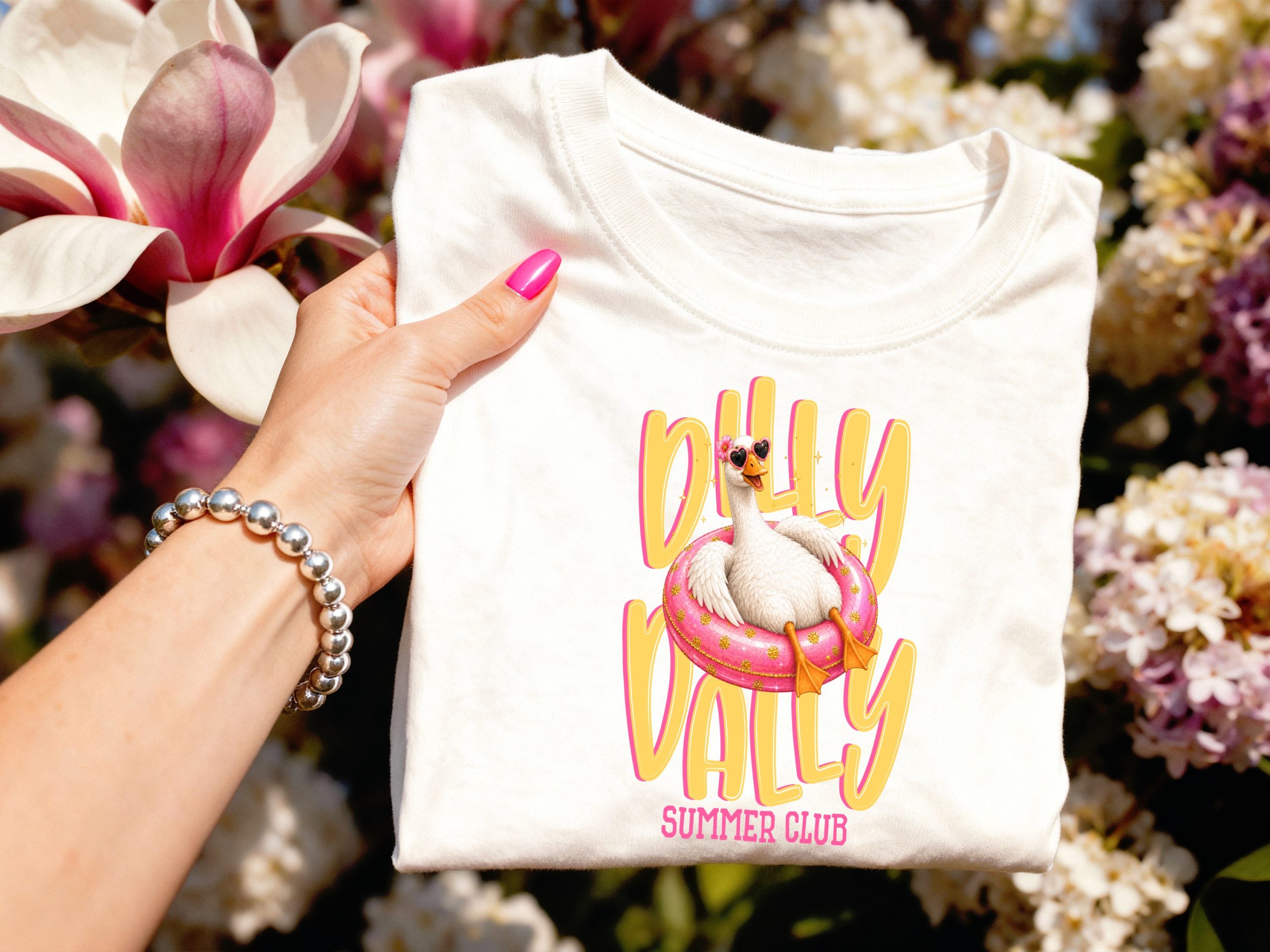 Dilly Dally Summer Club T-Shirt, Retro Goose with Pink Heart Sunglasses Tee, Funny Vacation Bird Graphic Tee, Cute Summer Apparel Gift - Image 3