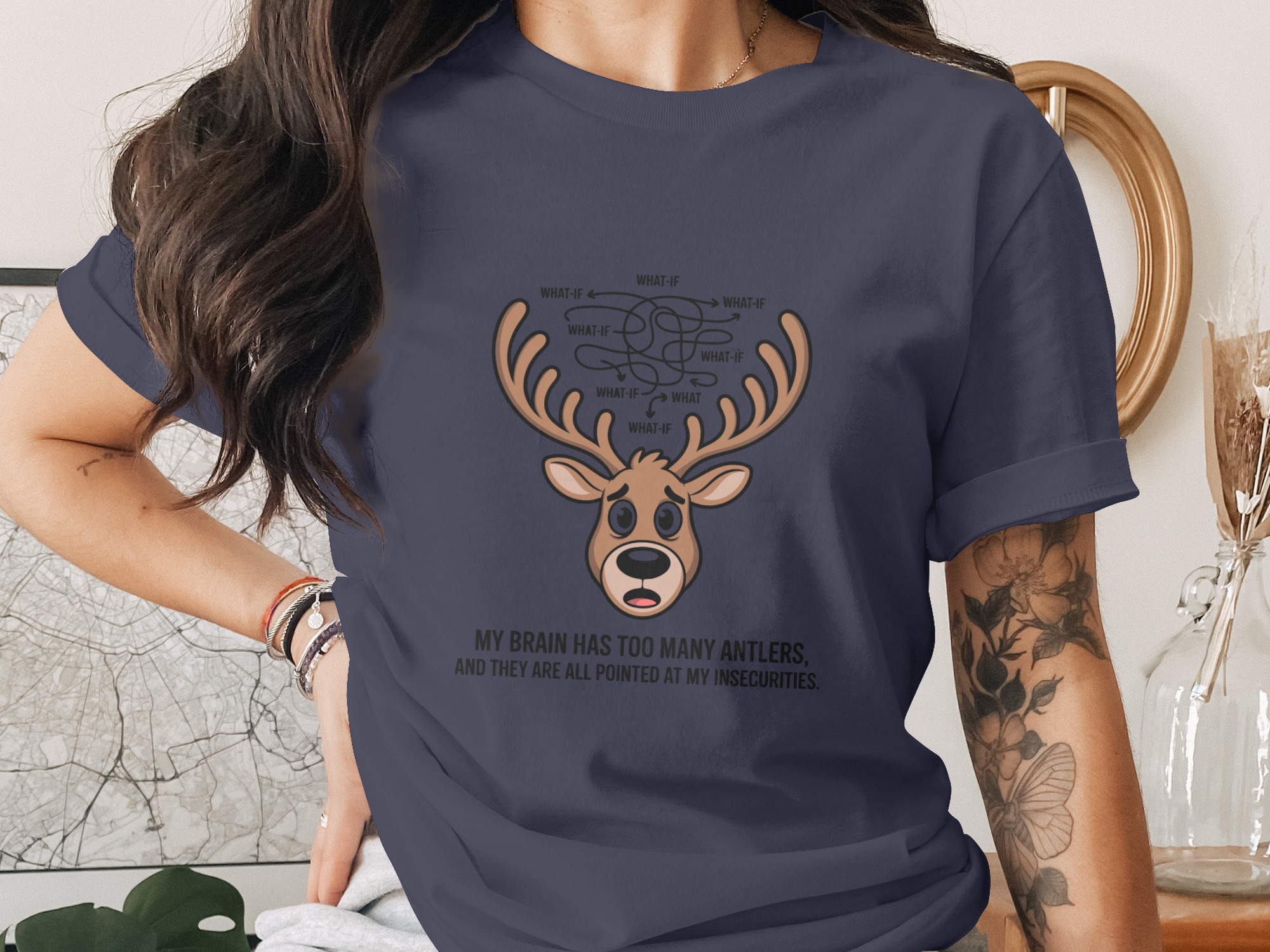 Overthinker Antlers T-Shirt, Funny Anxiety Relief Tee, What If Deer Mental Health Shirt, Relatable Insecurity Humor Gift - Image 2