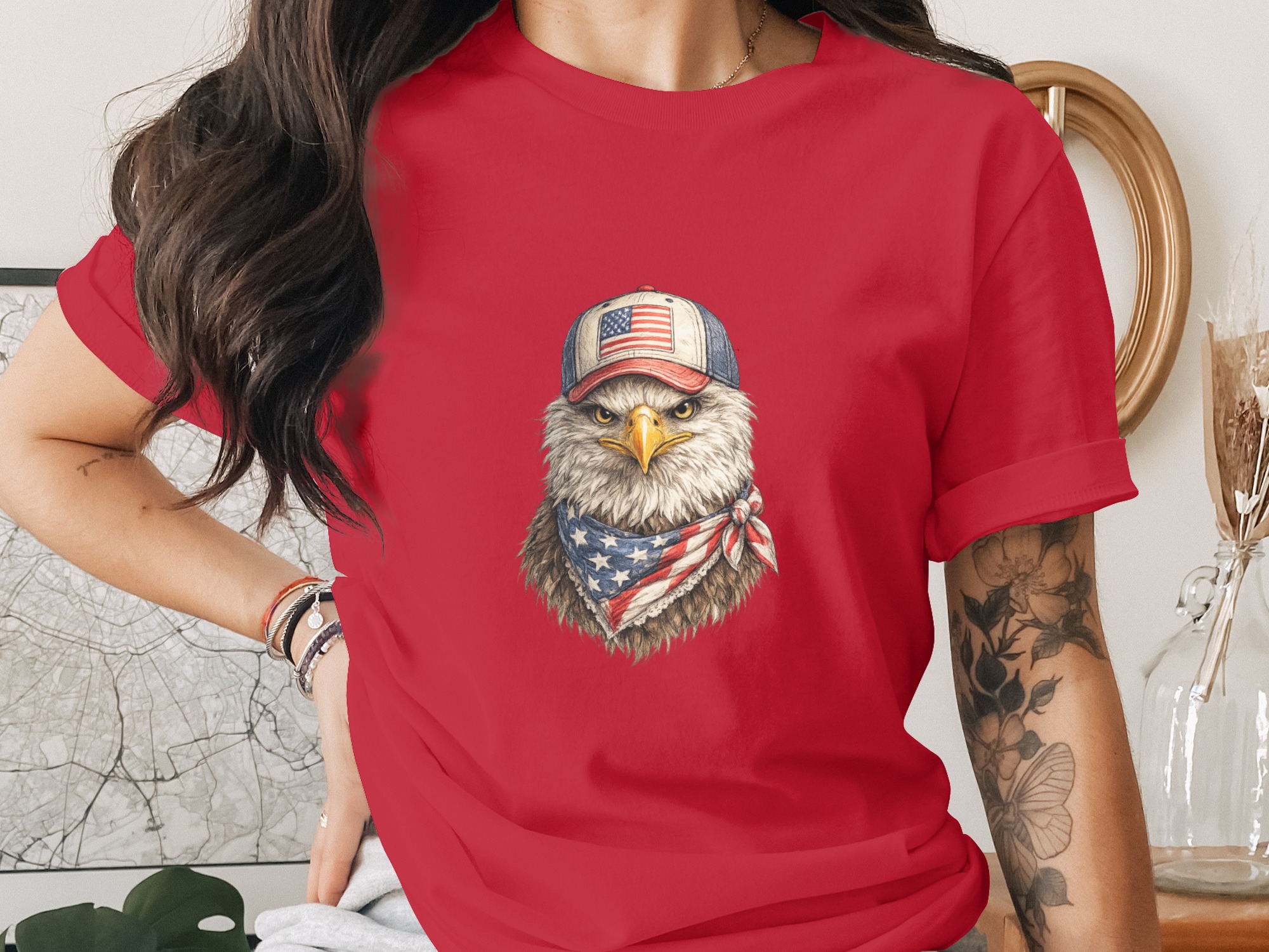Patriotic Bald Eagle with American Flag Cap T-Shirt - Image 2