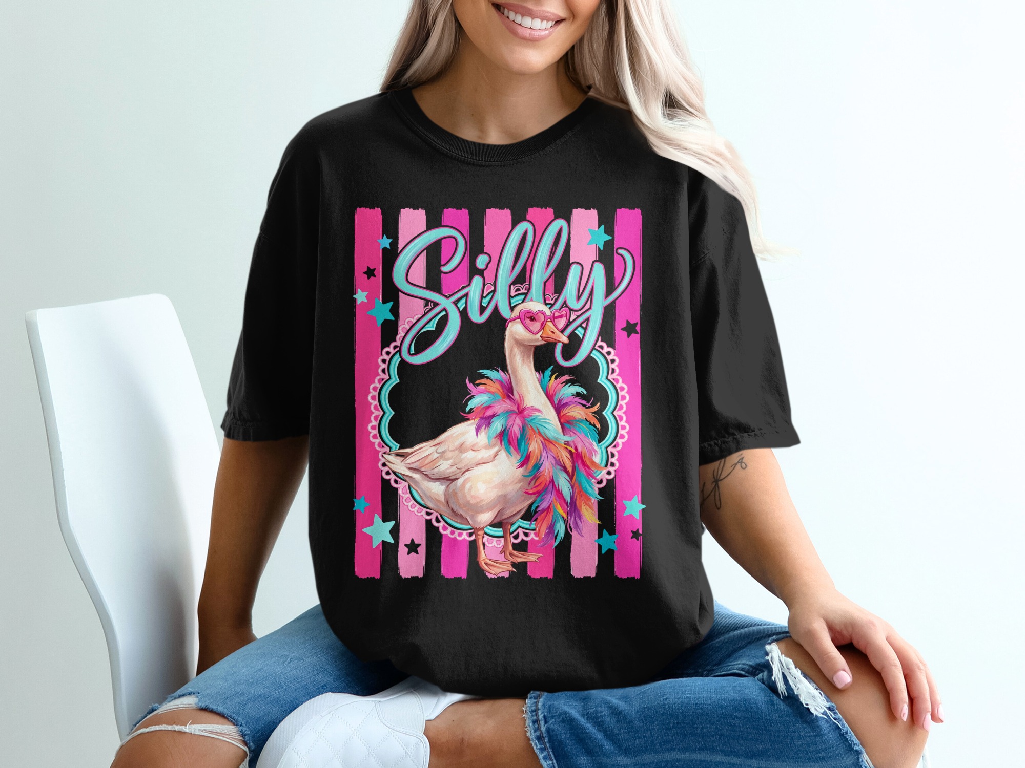 Silly Goose T-Shirt | Funny Goose Shirt with Heart Sunglasses & Faux Boa | Whimsical Animal Tee | Vibrant Aesthetic Gift - Image 5