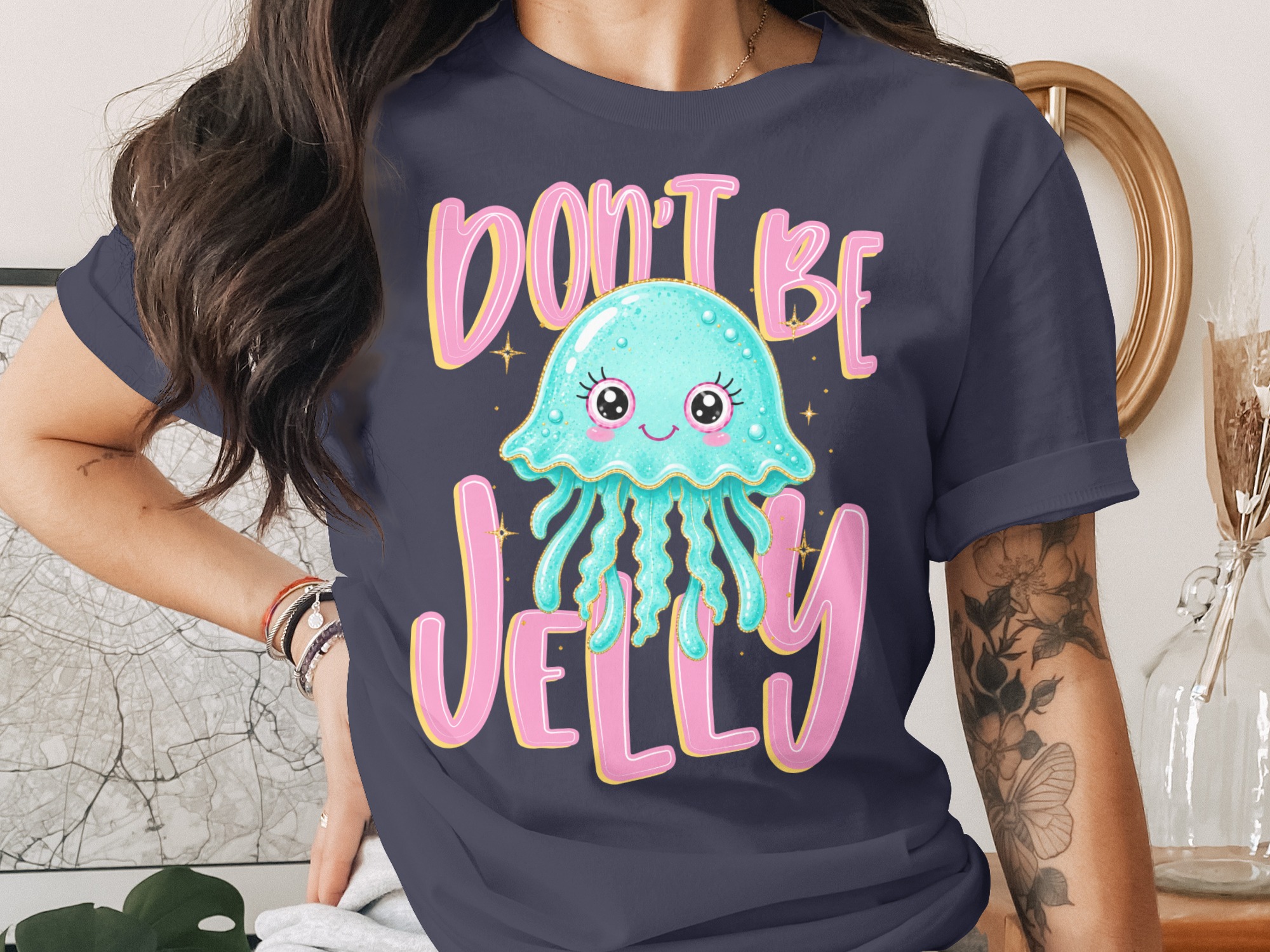 Don't Be Jelly T-Shirt, Cute Jellyfish Shirt, Kawaii Ocean Pun Tee, Faux Glitter Effect Sea Animal Top, Funny Beach Vibe Tee, Gift for Her - Image 3