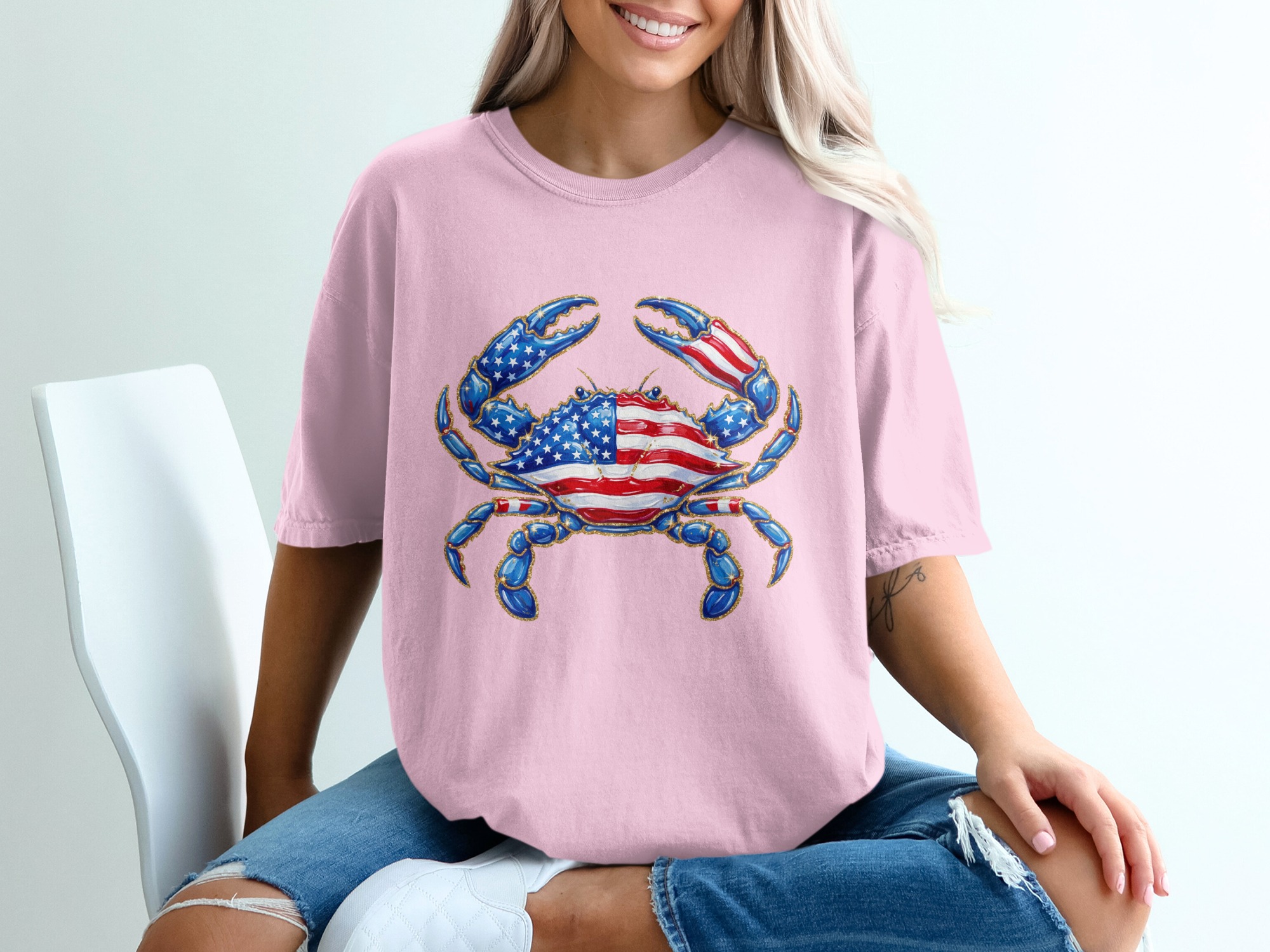 Patriotic Crab T-Shirt, American Flag Glitter Effect Crab Tee, Fourth of July Summer Top, USA Pride Coastal Crab Lover Gift - Image 17