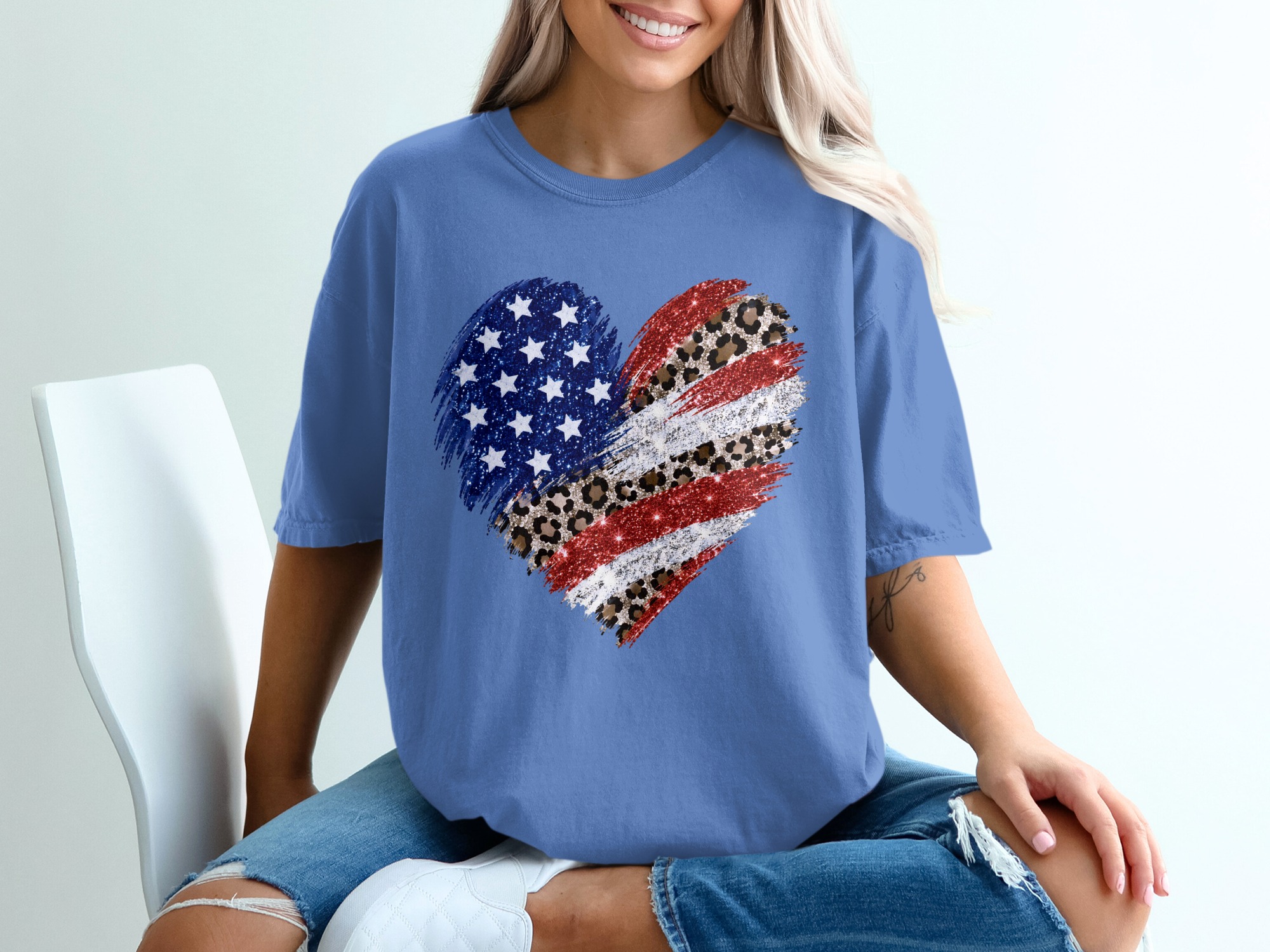 Comfort Colors® Patriotic Leopard Heart T-Shirt, American Flag Glitter Tee, 4th of July Shirt, Memorial Day, USA Pride, Trendy Gift for Her - Image 20