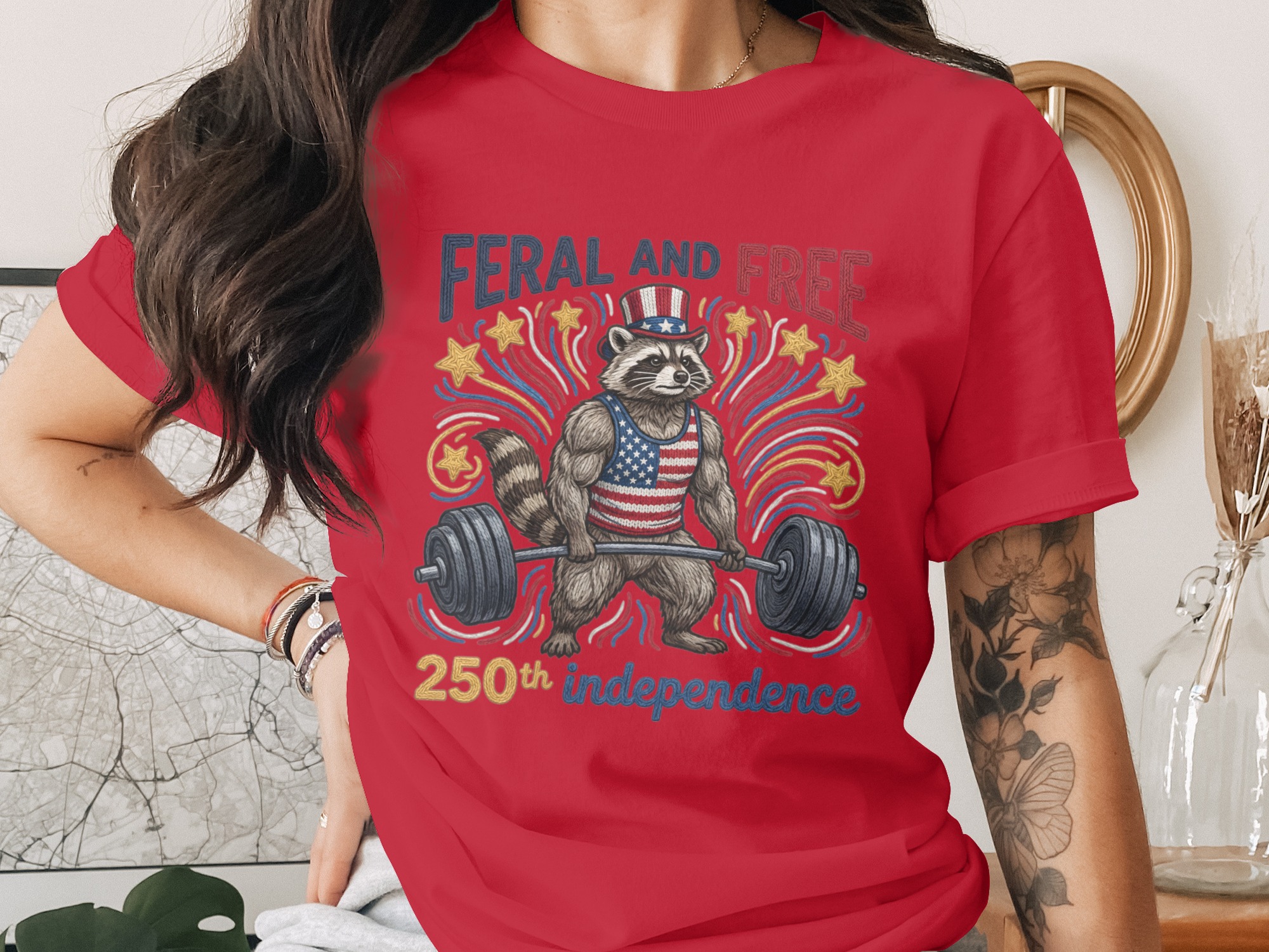 Feral and Free Raccoon T-Shirt, Patriotic Gym Raccoon Tee, 250th Independence Day Shirt, American Flag Weightlifting Shirt - Image 4